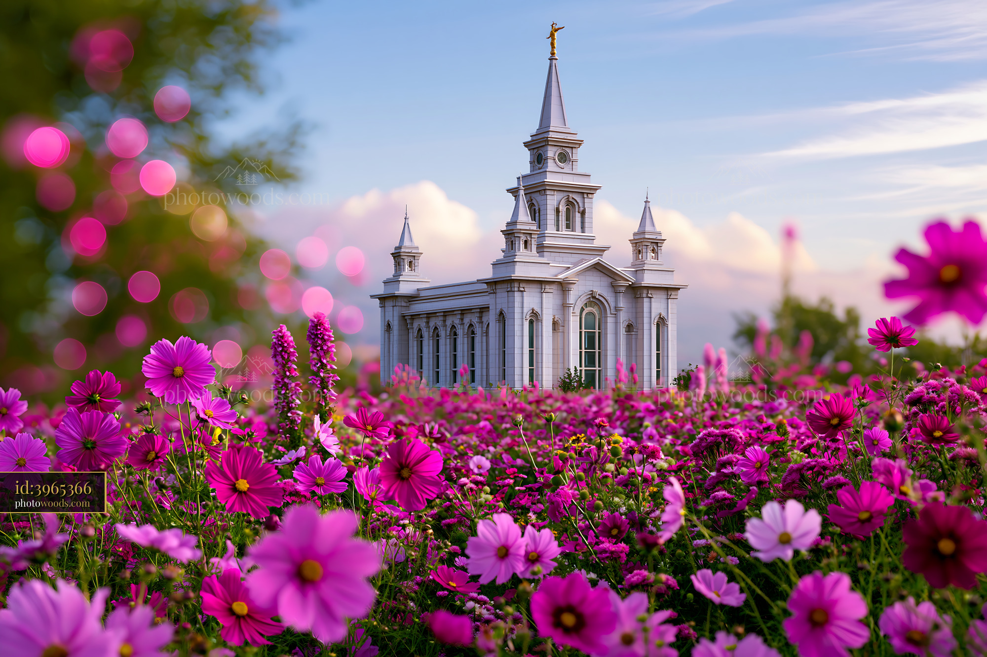 Cedar Church Surrounded by Pink Flowers and Blue Sky