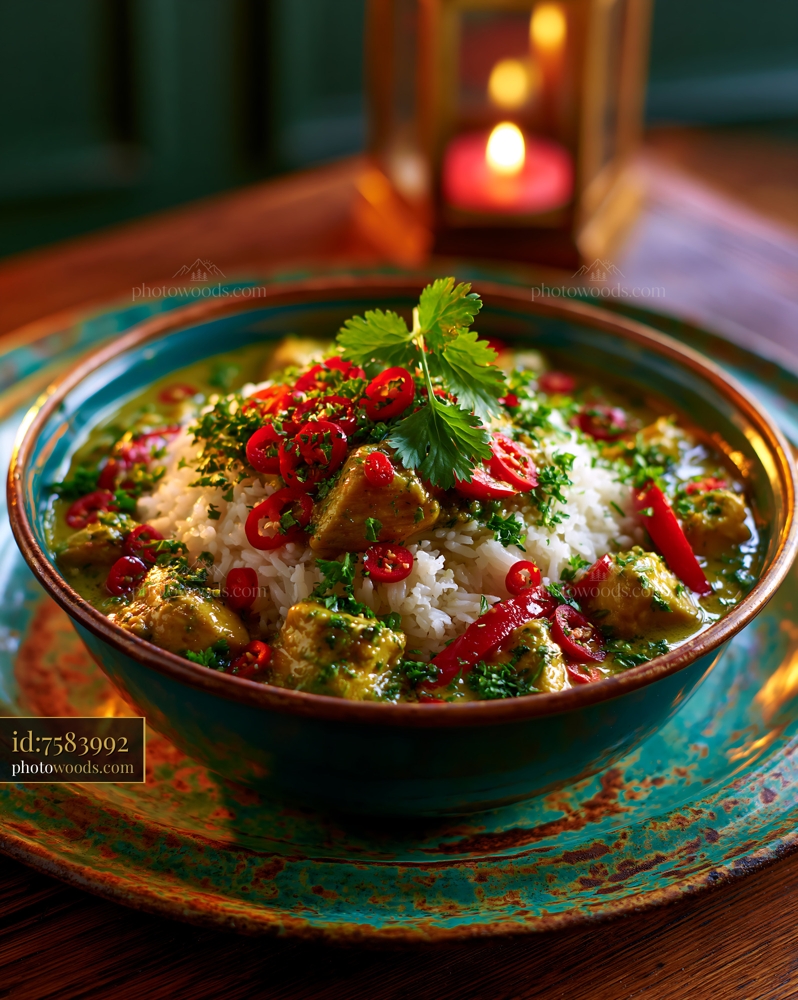 Bowl of Thai Green Curry With Jasmine Rice and Coriander