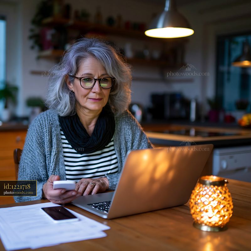 Widow Organizing Digital Estate Documents at Home in Evening Light