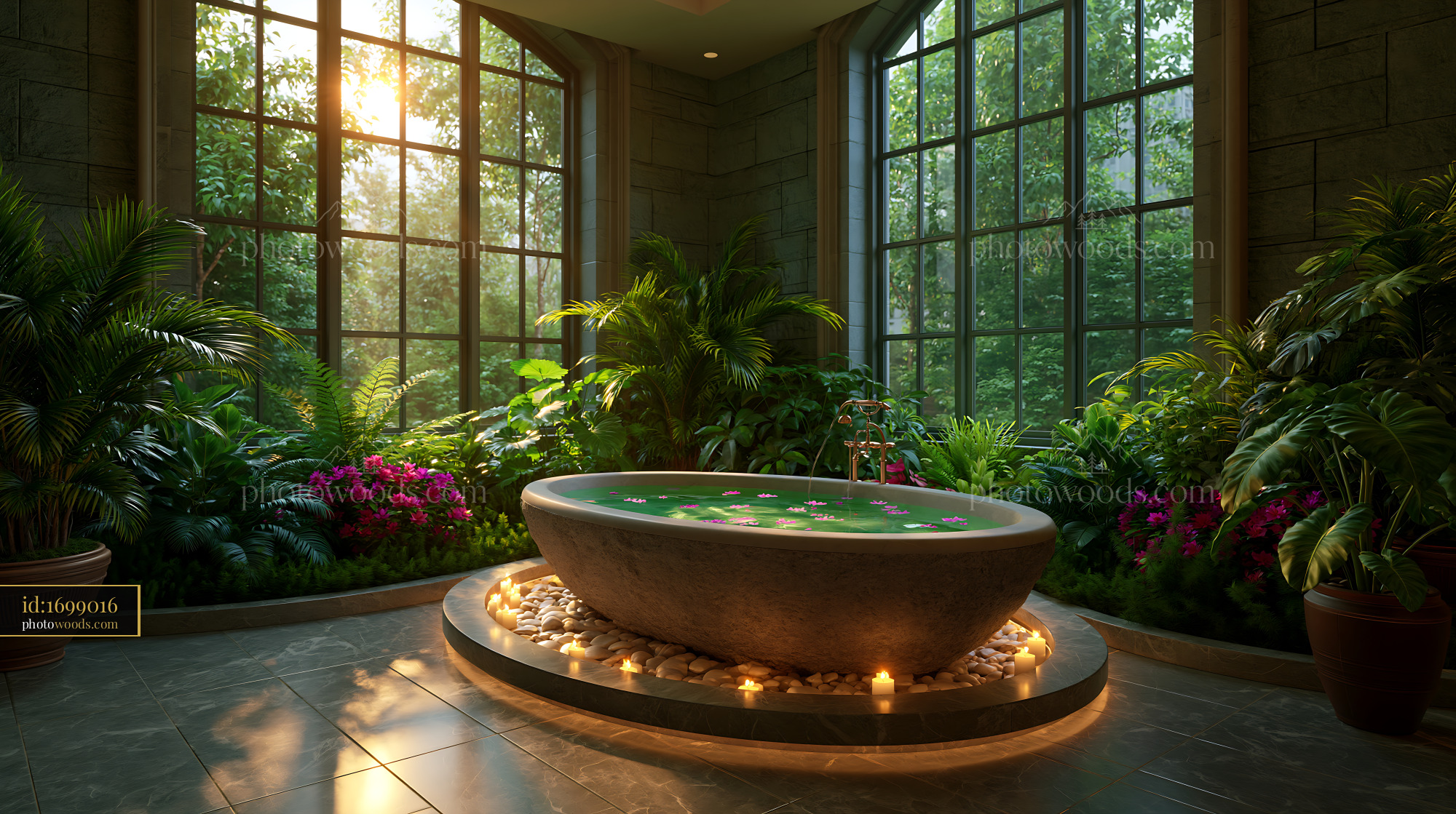 Freestanding Stone Tub in Luxury Bathroom With Green Plants