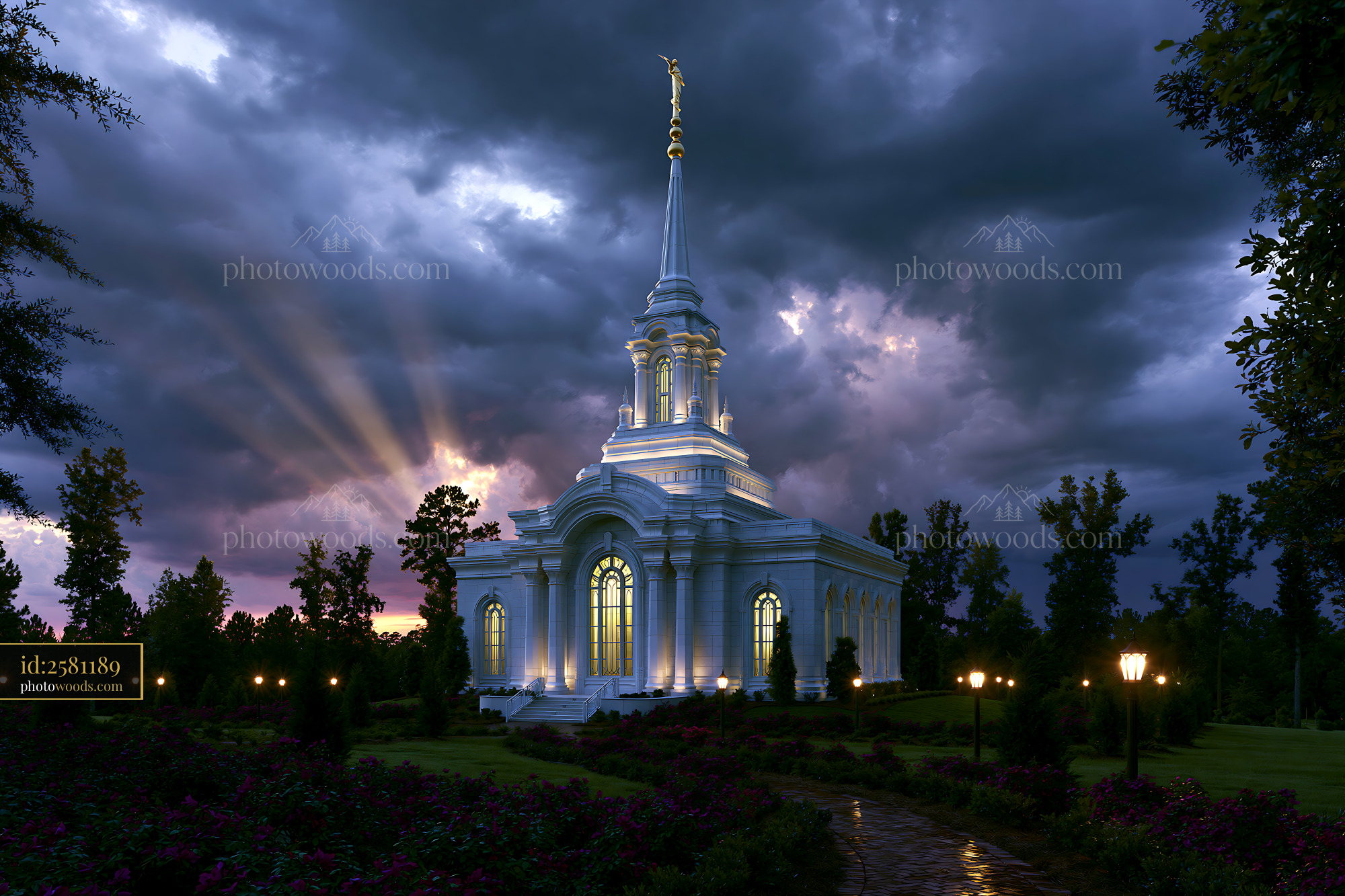 Temple Illuminated at Dusk With Dramatic Clouds and Landscape