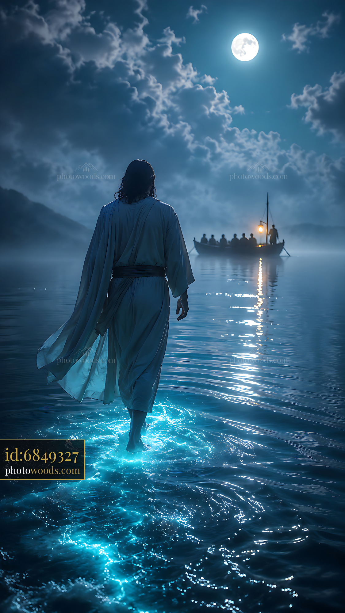 Person Walking on Water Under Moonlight With Boat in Distance