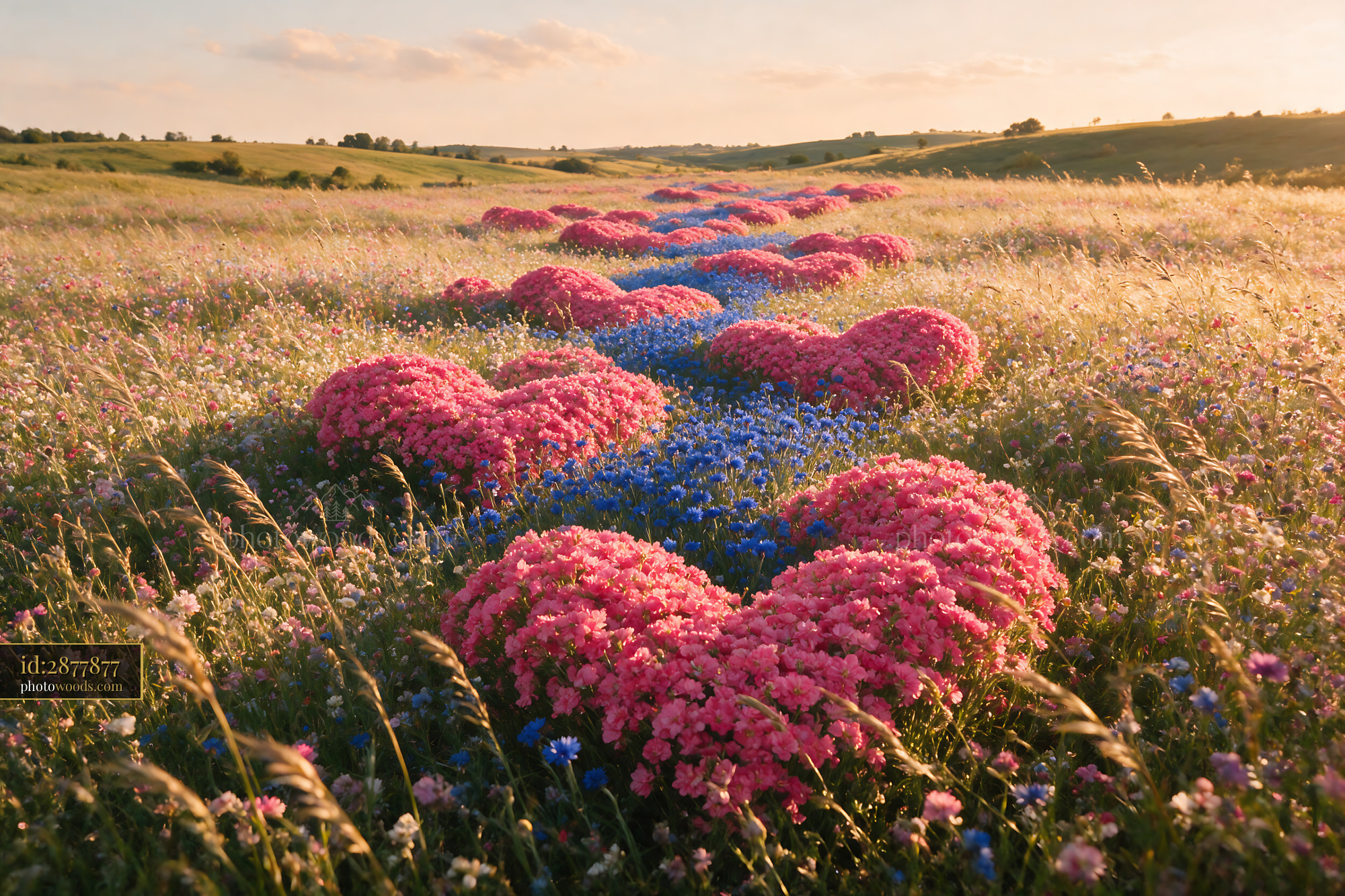 Wildflowers in Heart Shapes on a Meadow During Golden Hour