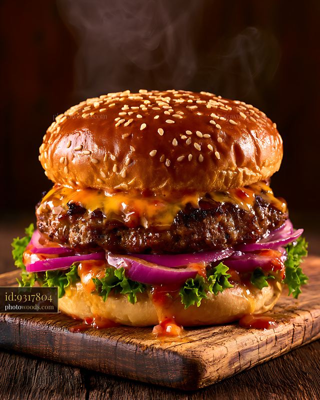 Gourmet cheeseburger with sesame bun and fresh vegetables