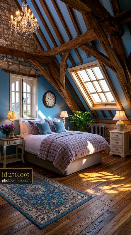 Bright Attic Master Suite With Exposed Beams and Modern Decor