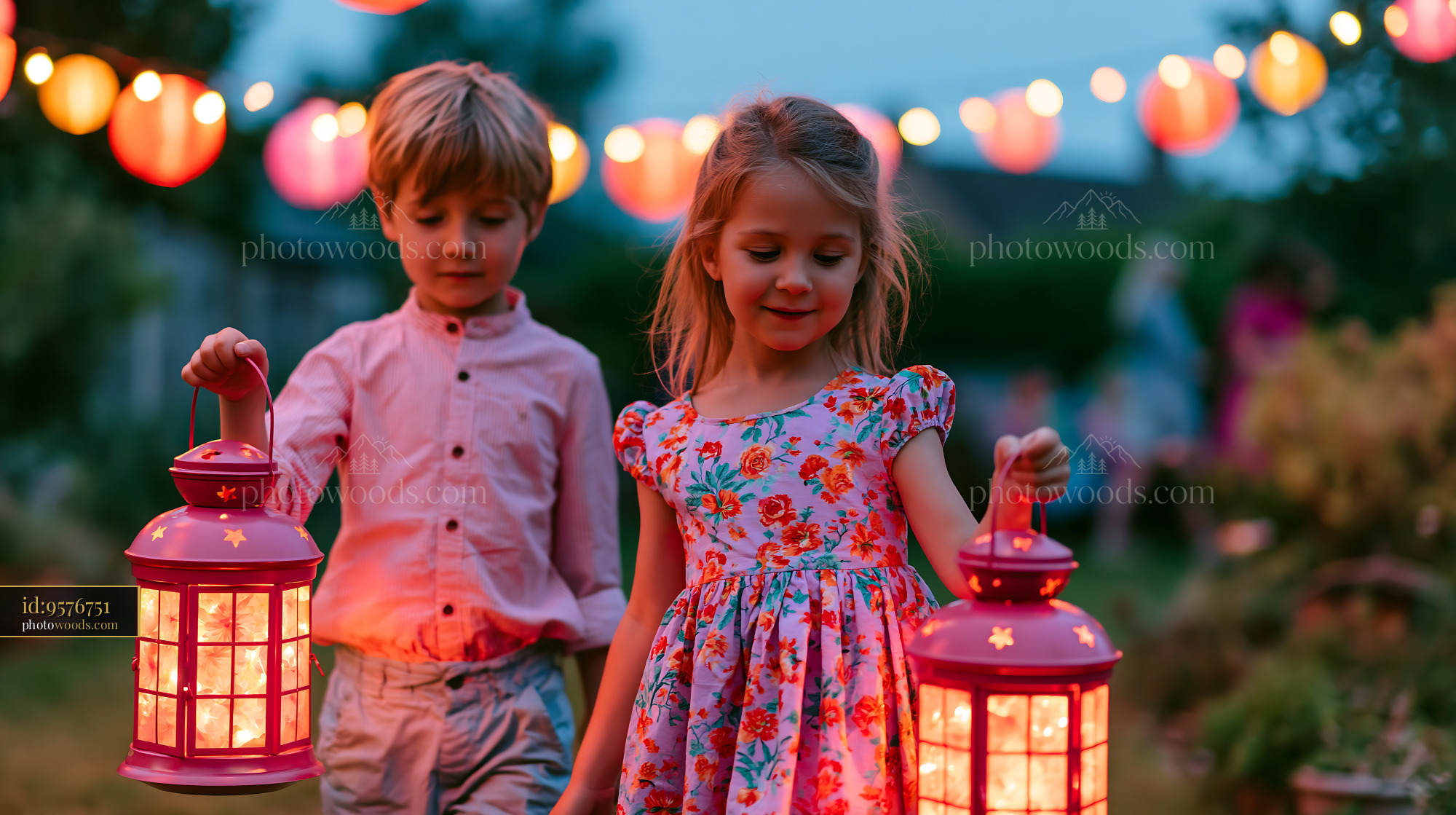 Children With Lanterns During St. Martins Parade in Evening Light
