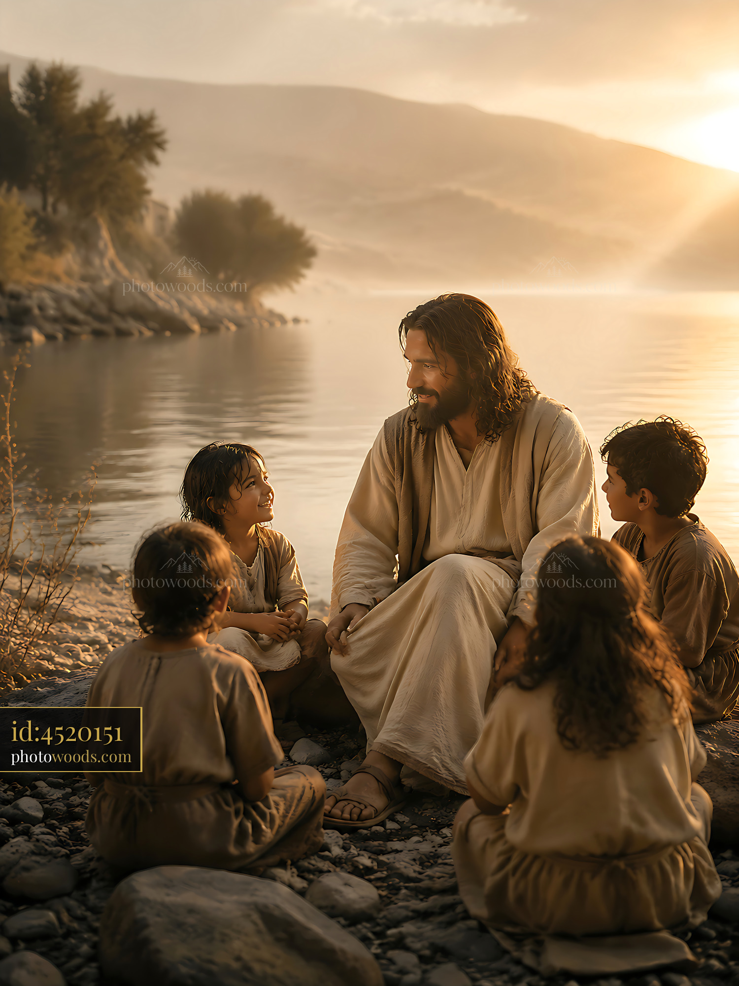 Jesus Teaches Children by the River During Golden Hour