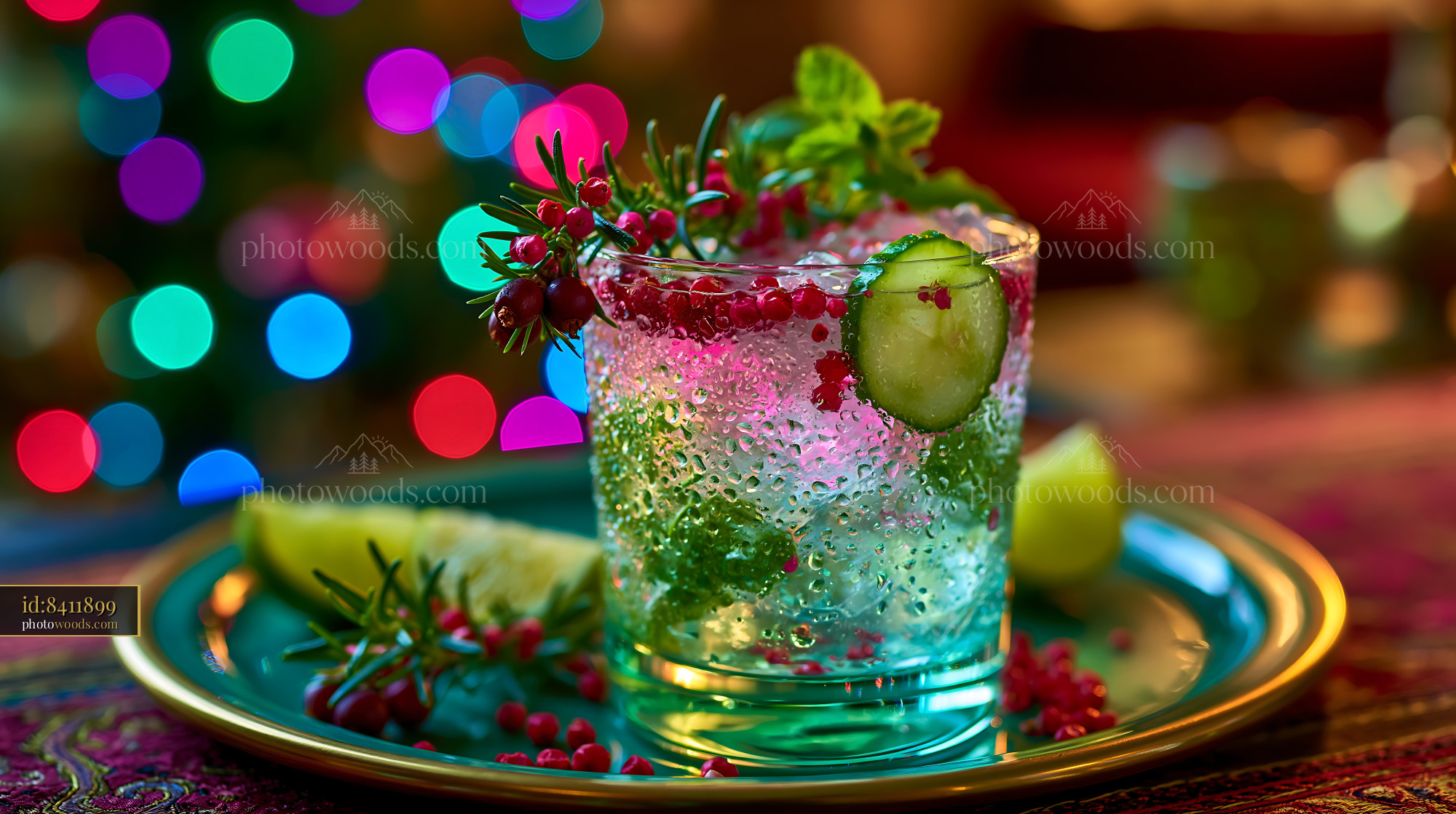 Garnished Gin and Tonic With Juniper Cucumber on Decorative Plate