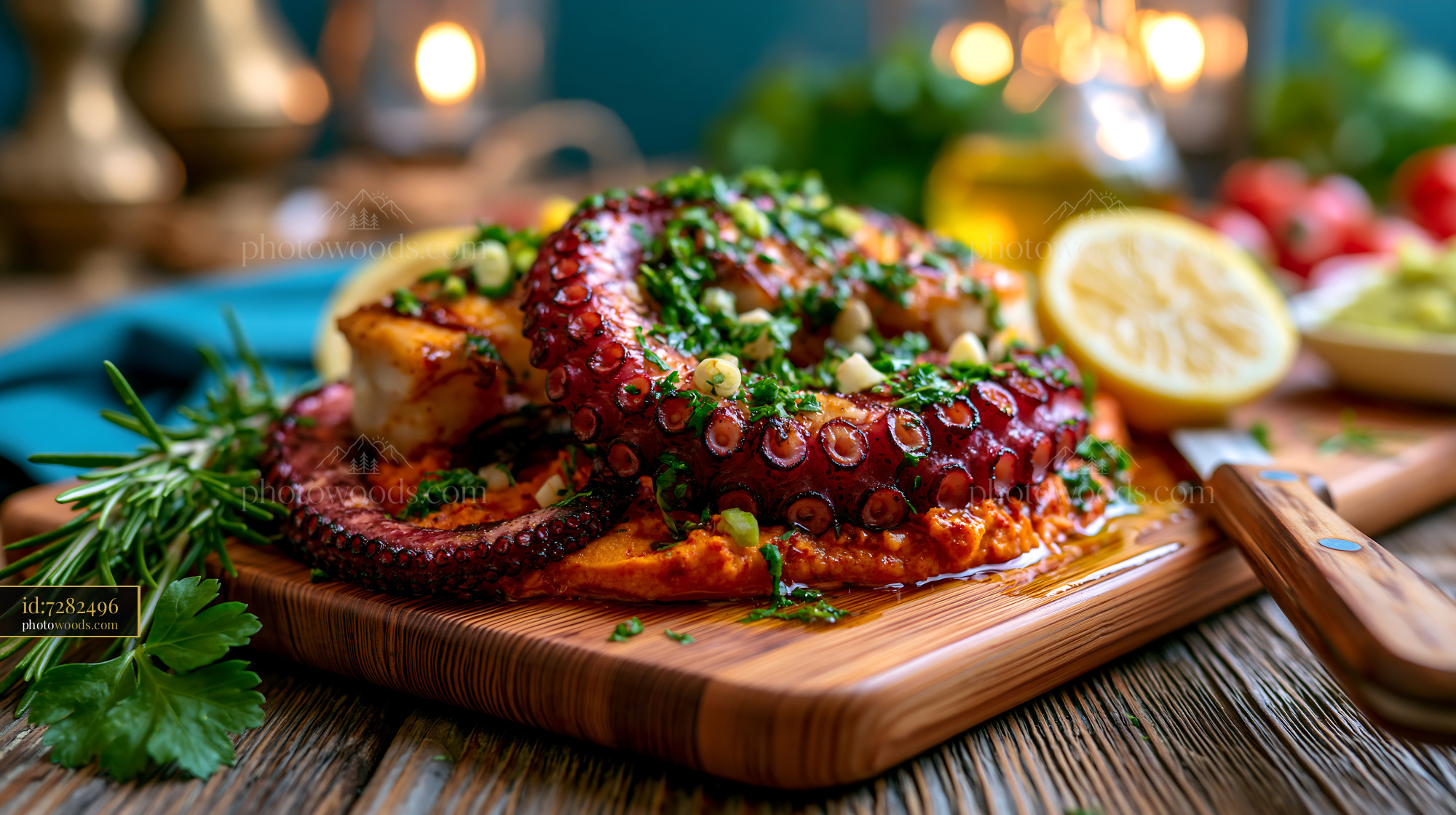 Grilled Octopus Tentacle on Smoked Paprika With Herbs and Lemon