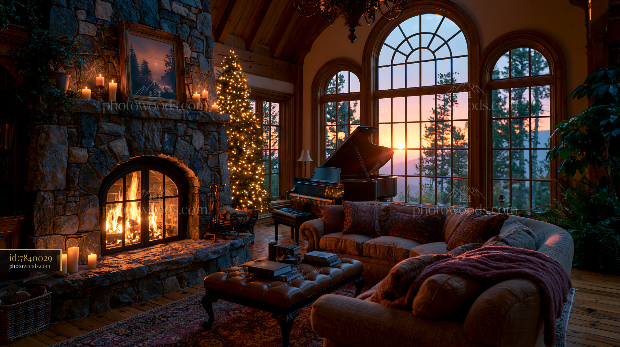 Chalet Style Lounge With Stone Fireplace and Sunset View
