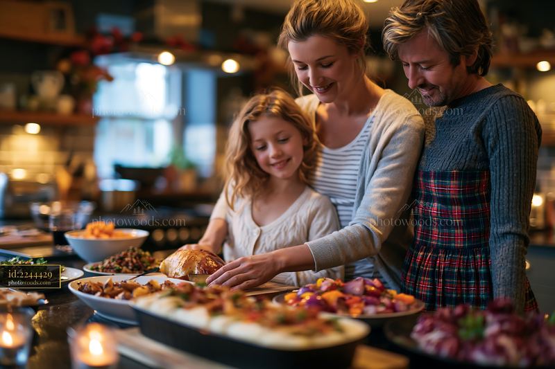 Family Preparing Traditional Festive Food Together in a Cozy Kitchen