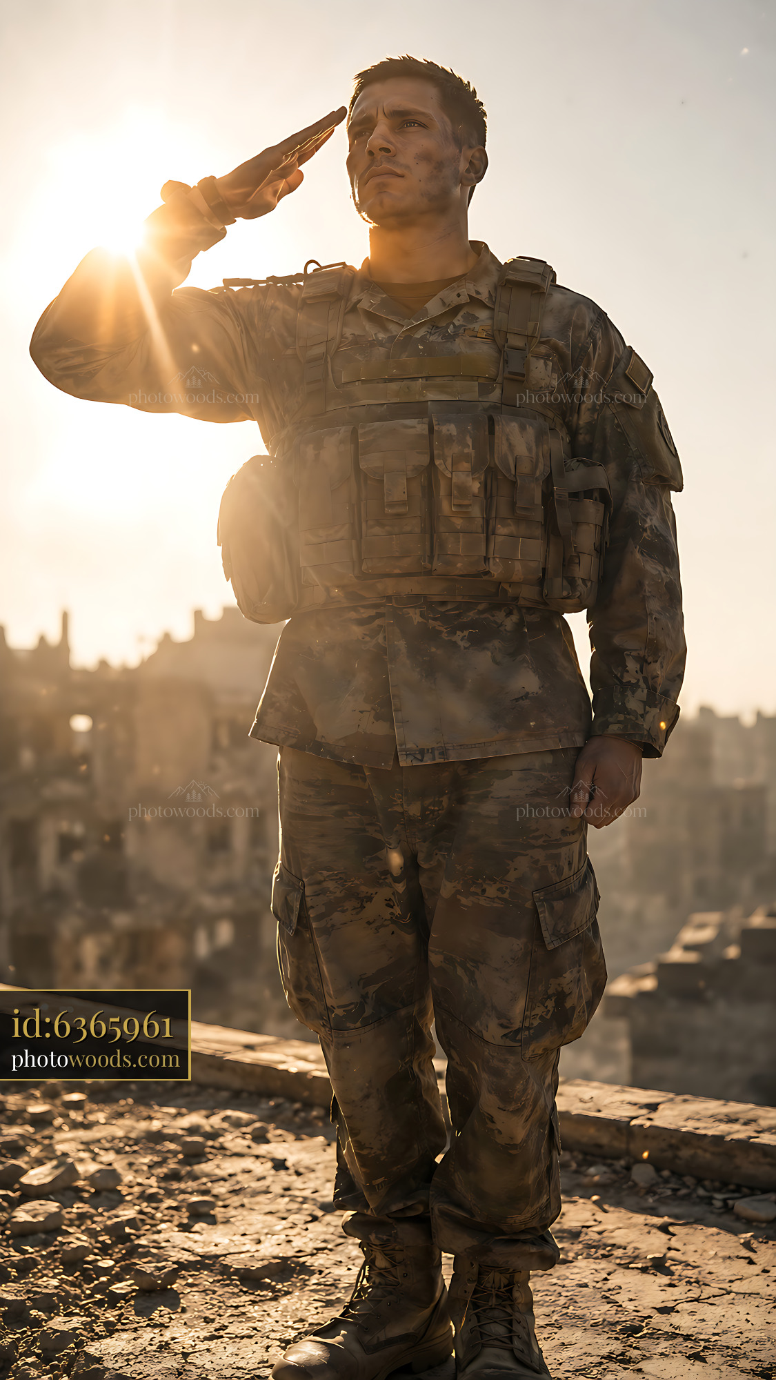 Soldier Saluting Against a Sunset Background With Ruined Buildings