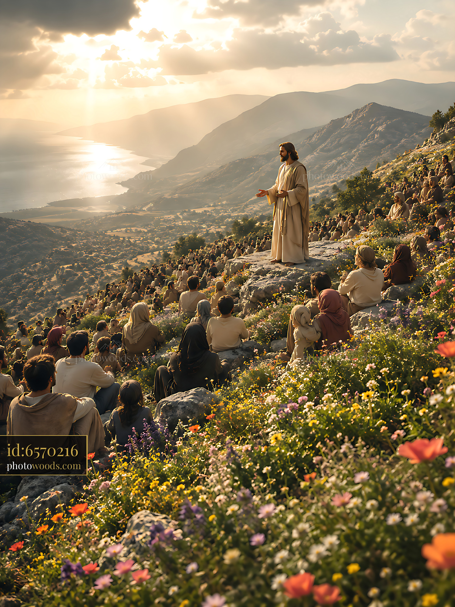 Jesus Teaching a Crowd on a Hillside During Sunset