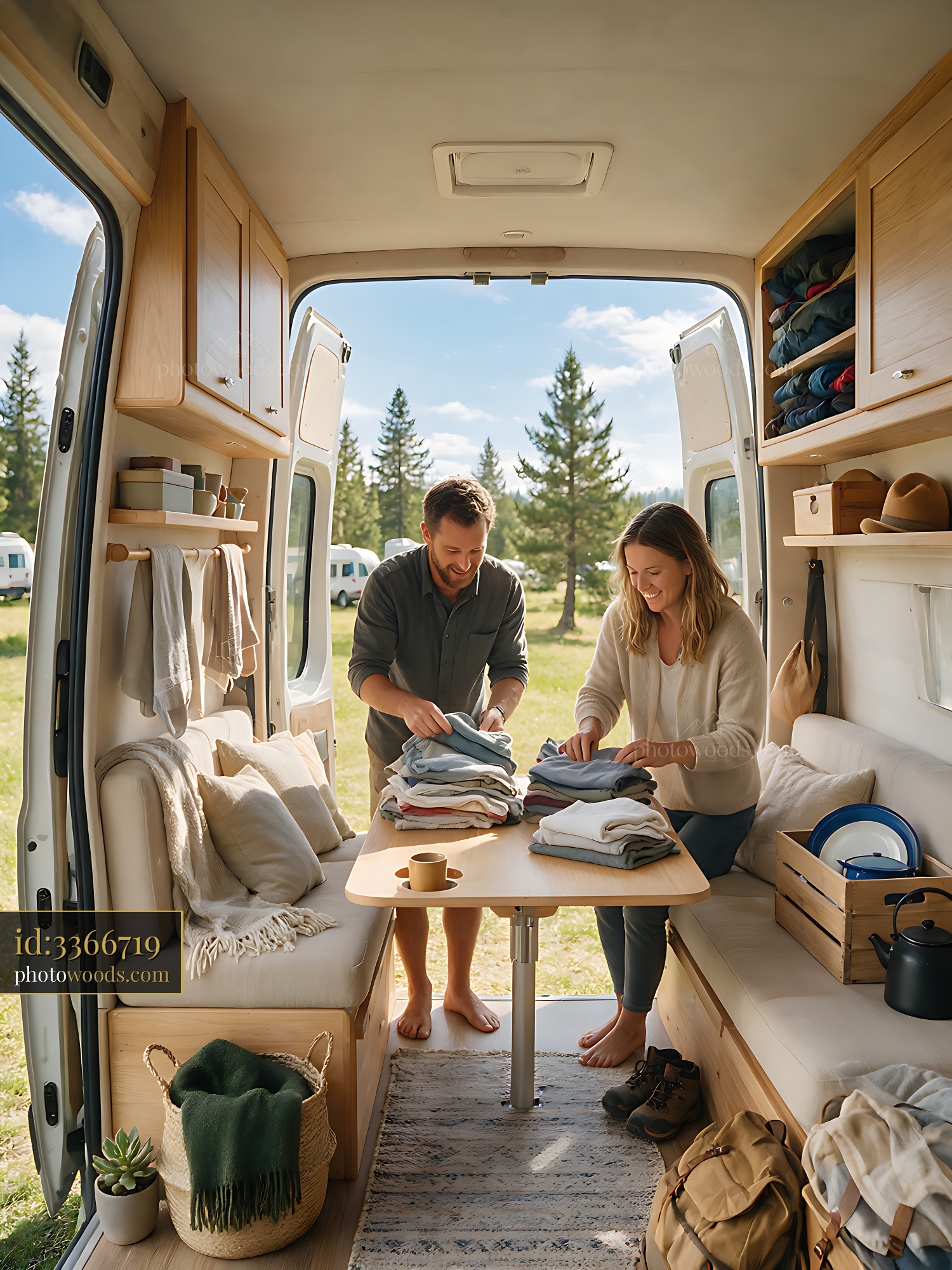Couple folding laundry inside a camper van