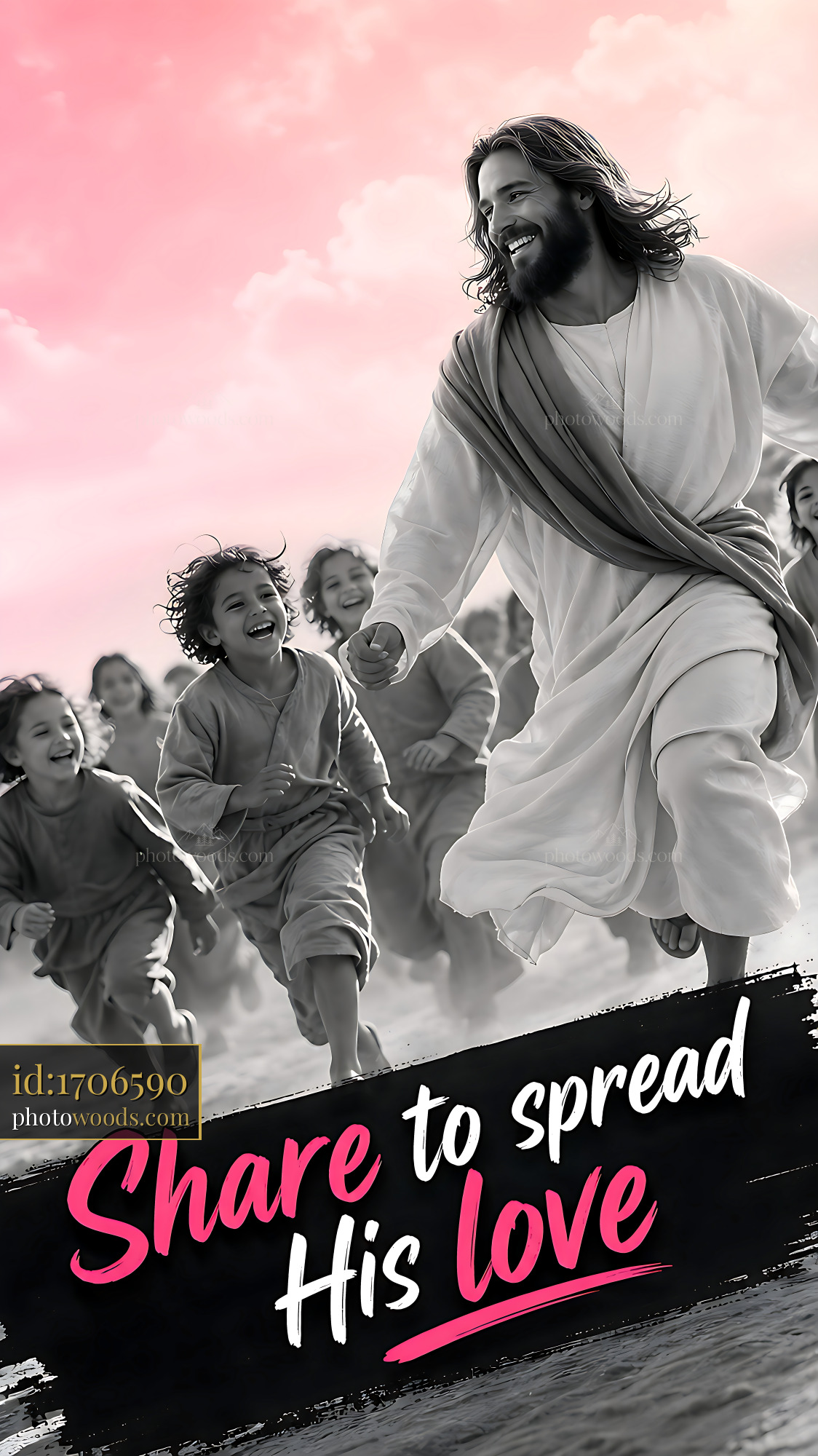Children Running Joyfully With a Figure in White Robes on Beach