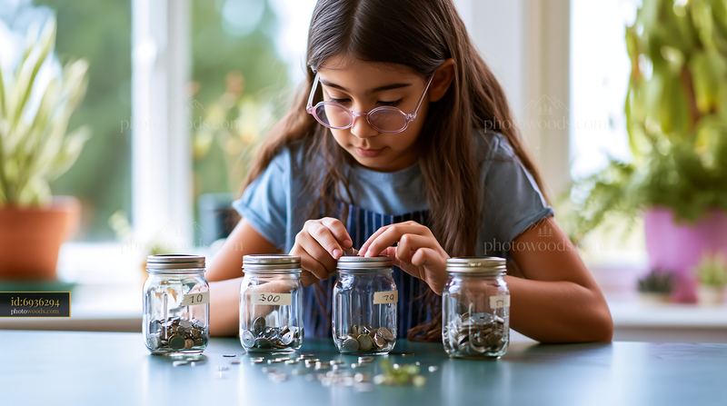 Girl Counting Coins Into Labeled Jars at Home