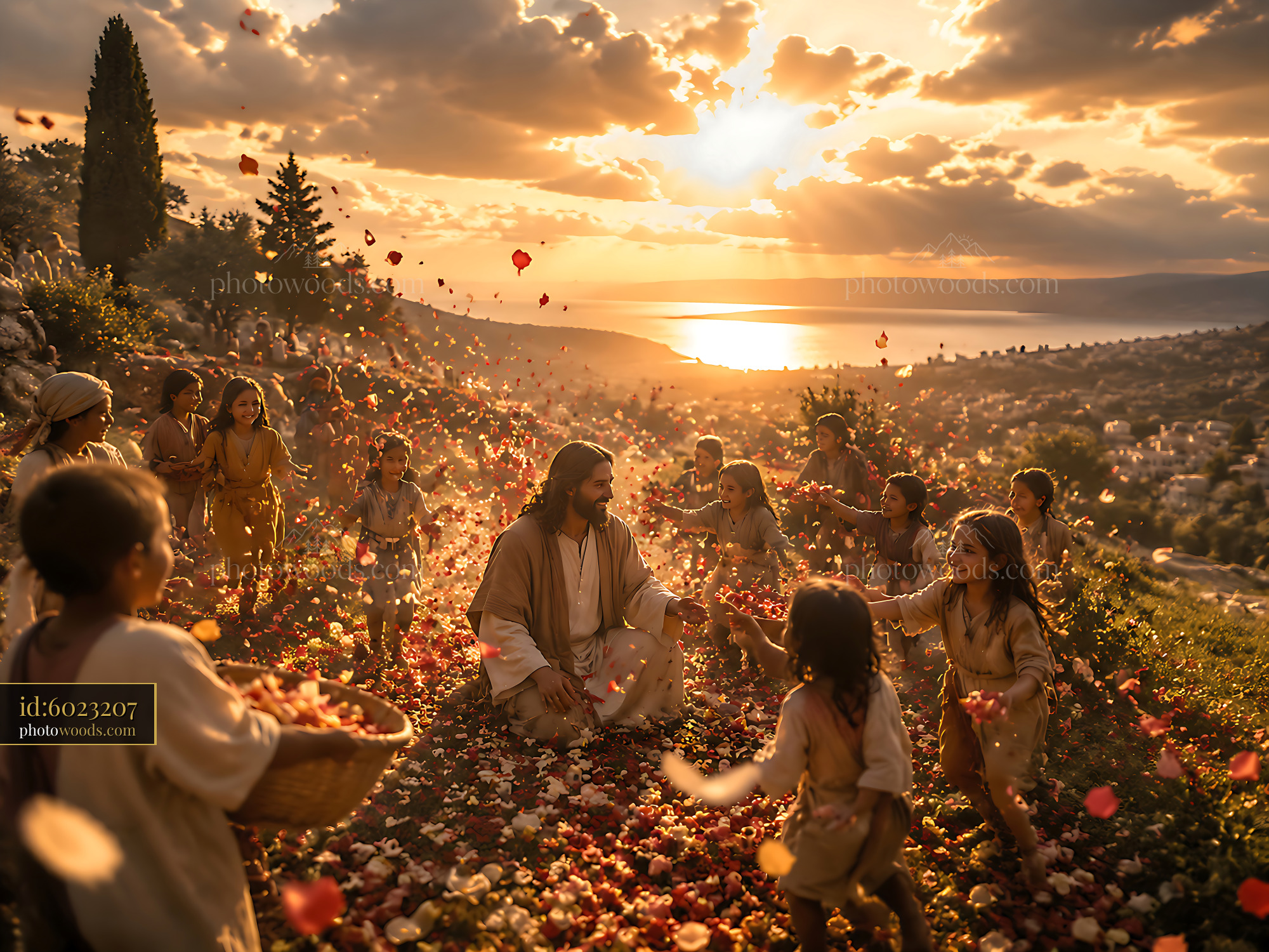 Jesus Interacts With Children as They Celebrate Outdoors at Sunset