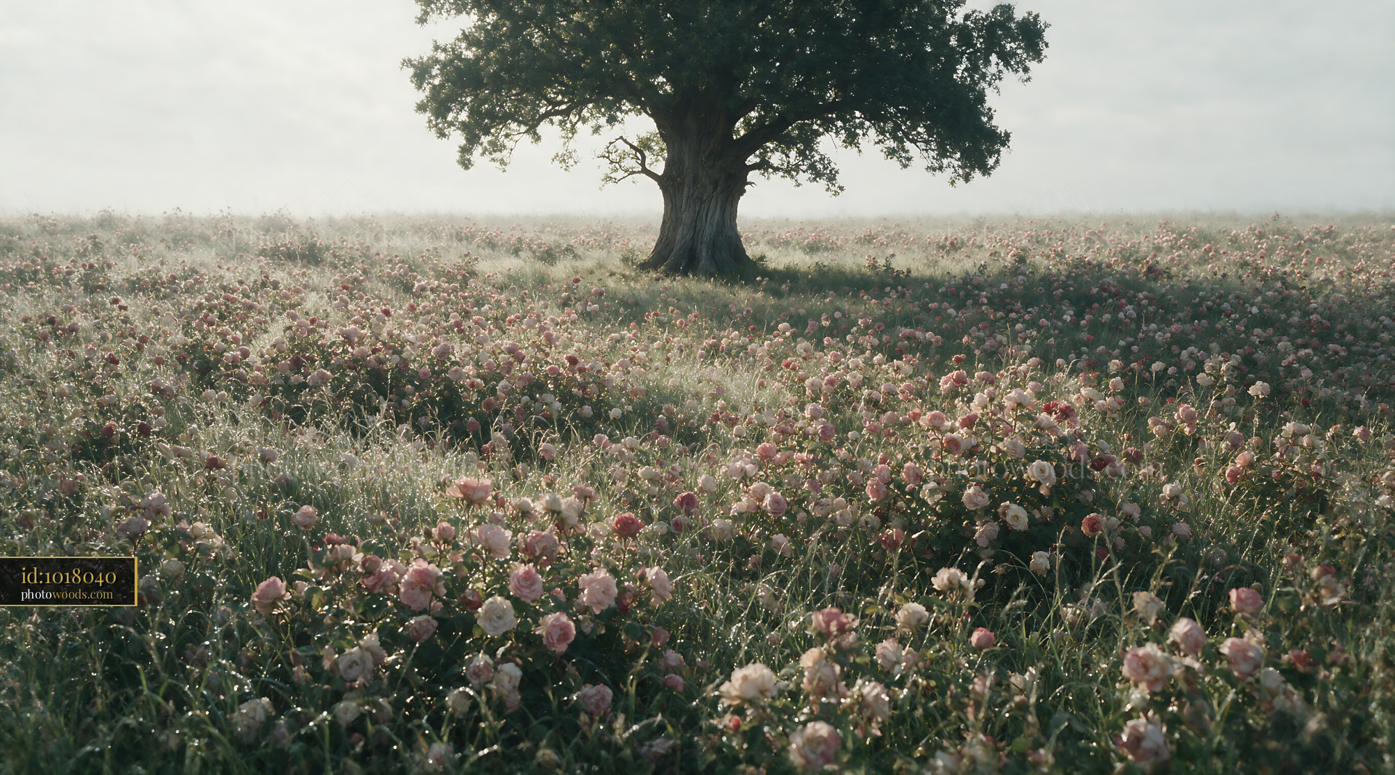 Oak Tree With Pink Flowers in a Field at Dawn