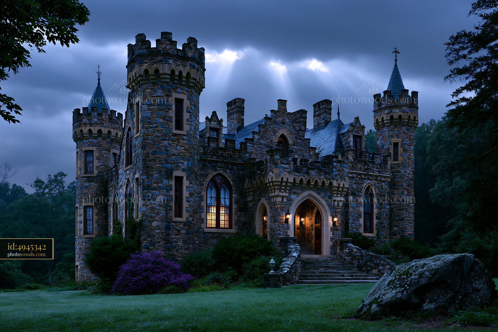 Castle at Twilight Near a Forest