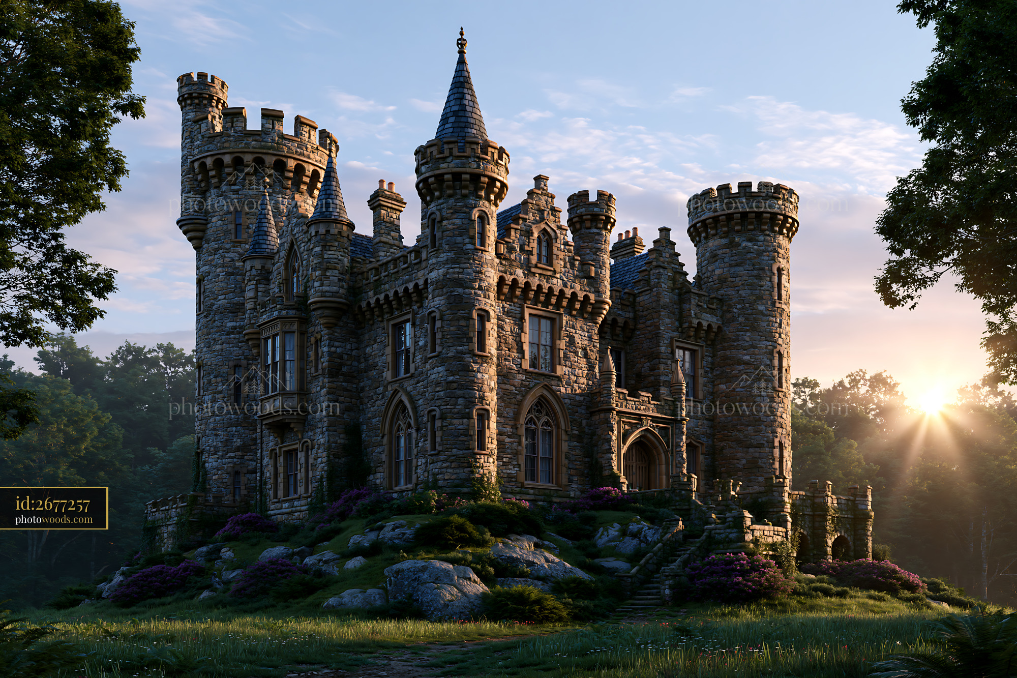 Castle at Sunrise With Trees and Rocks in the Foreground