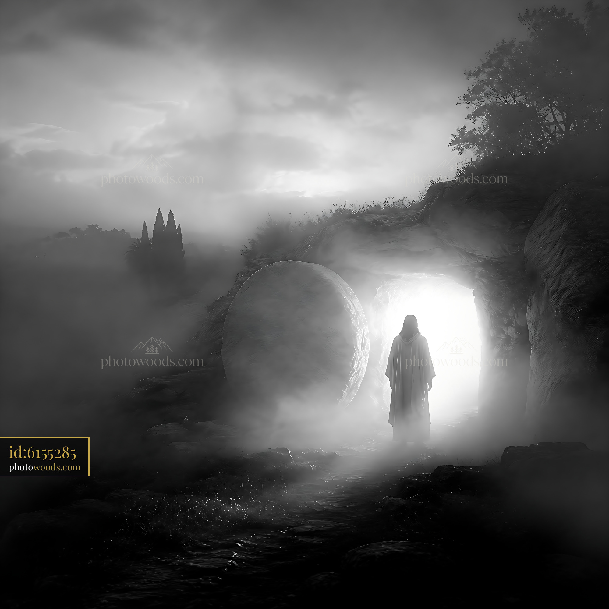Figure Standing in Misty Opening of Cave With Soft Light
