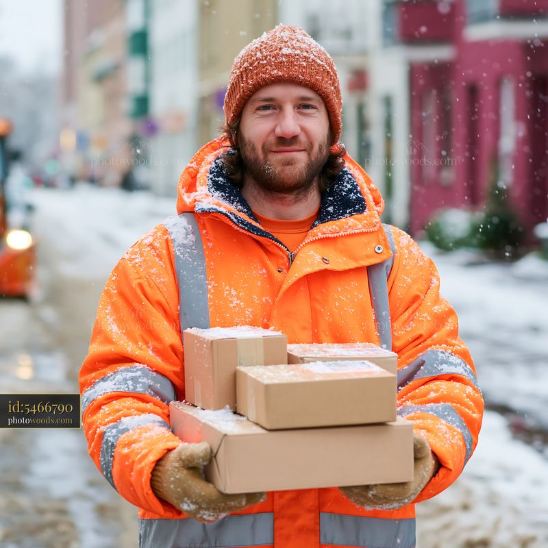 Heating Technician Delivering Parcels in Winter Snow