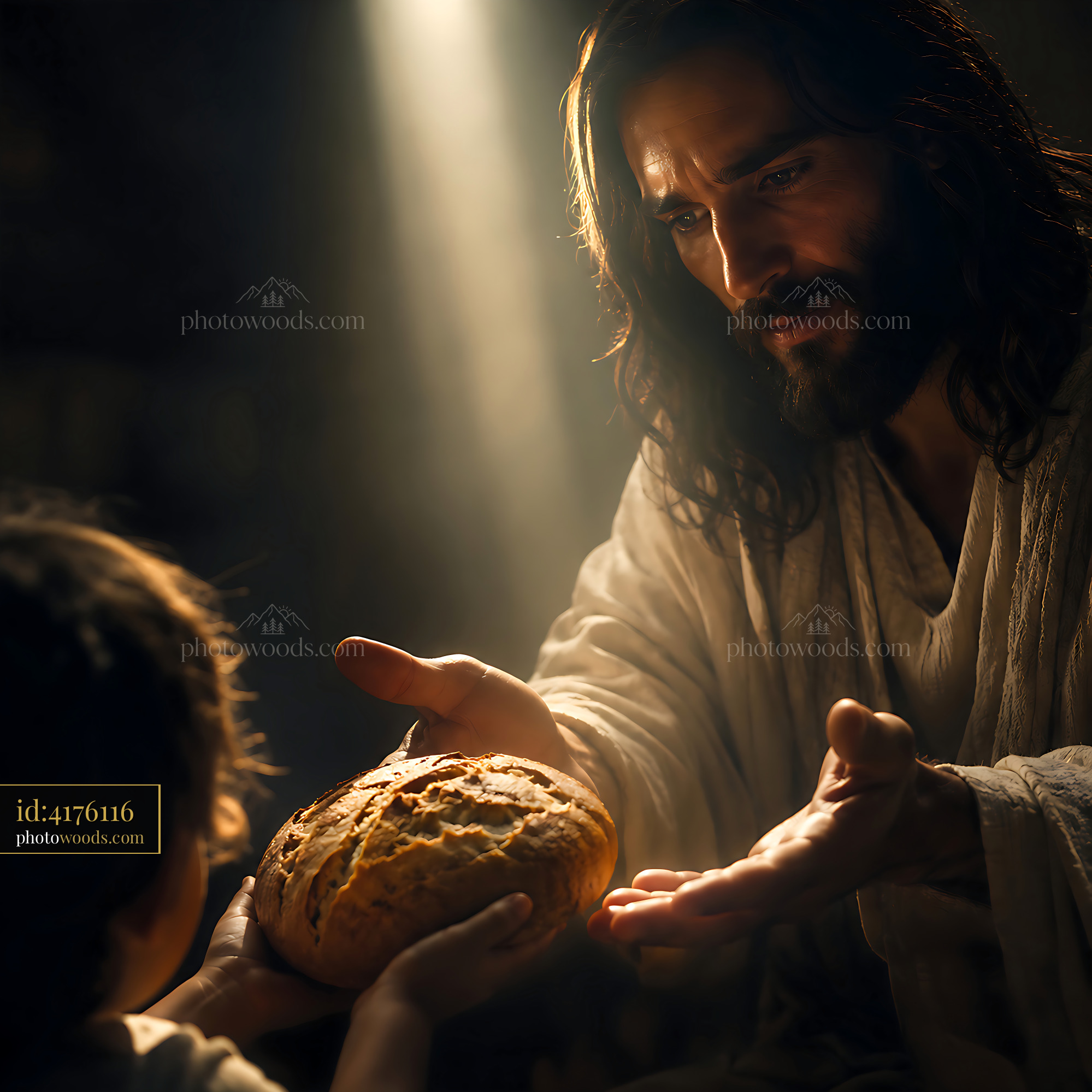 Man Offering Bread to Child in Dim Light With Soft Focus