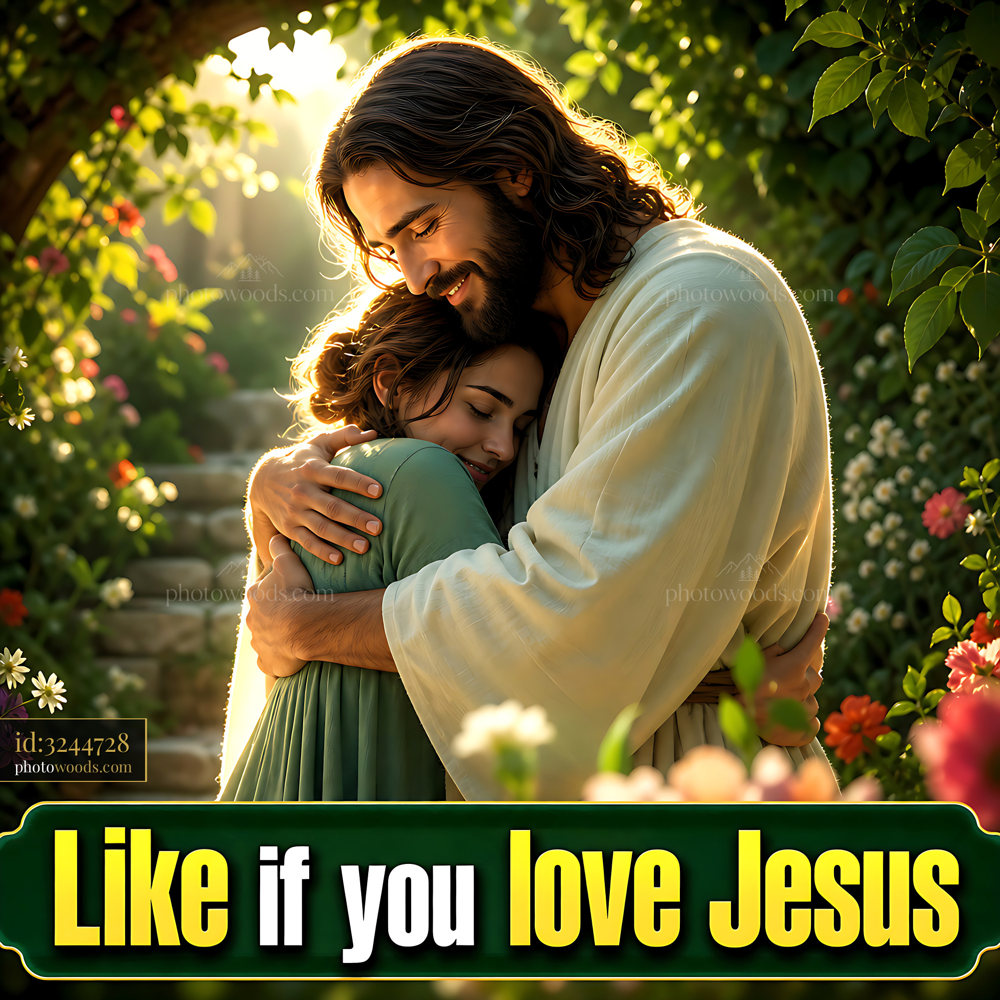Jesus Shares a Warm Embrace With a Woman in a Garden Setting