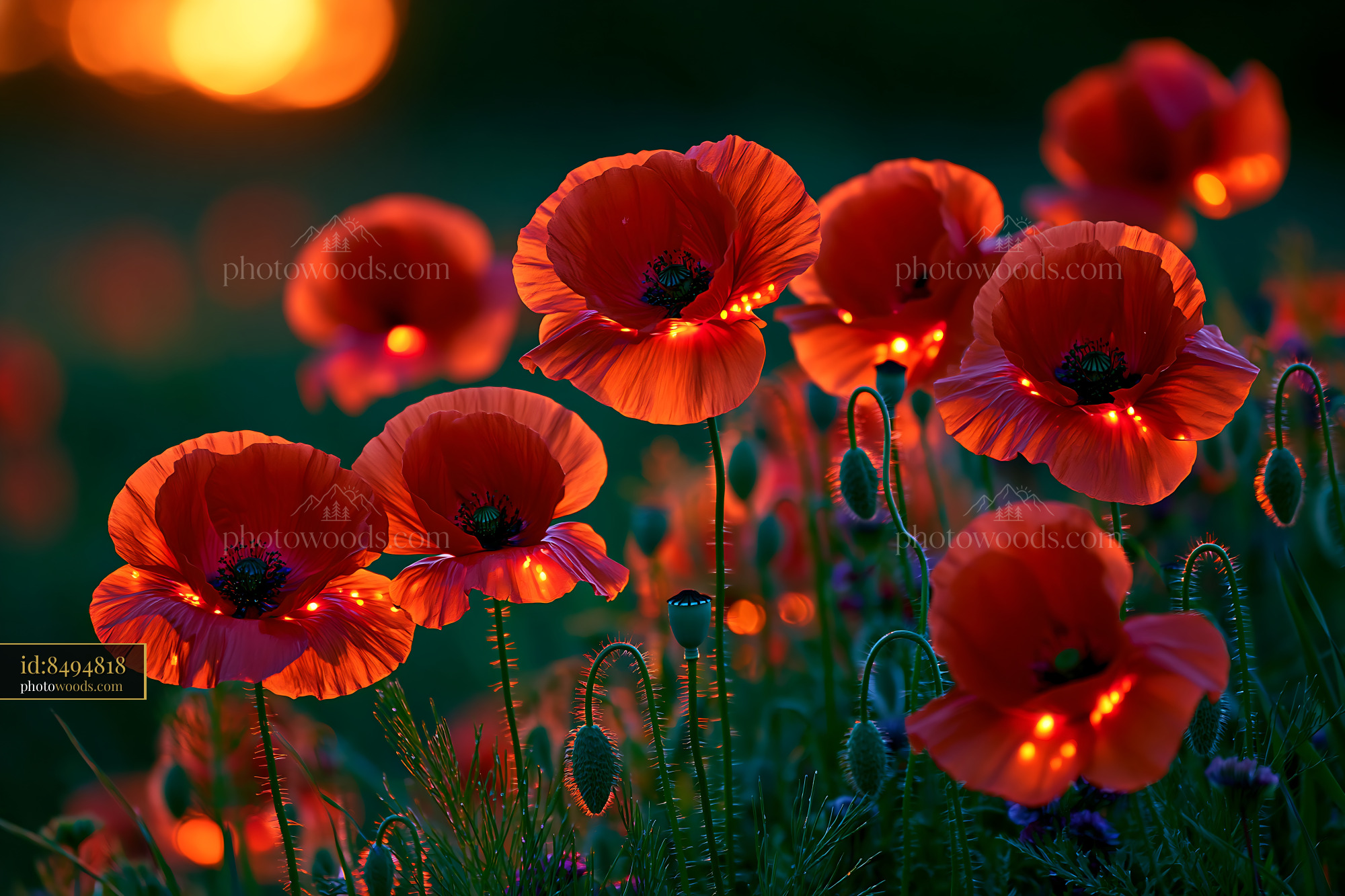 Poppies Bloom in Sunlight at Sunset Creating Vibrant Colors