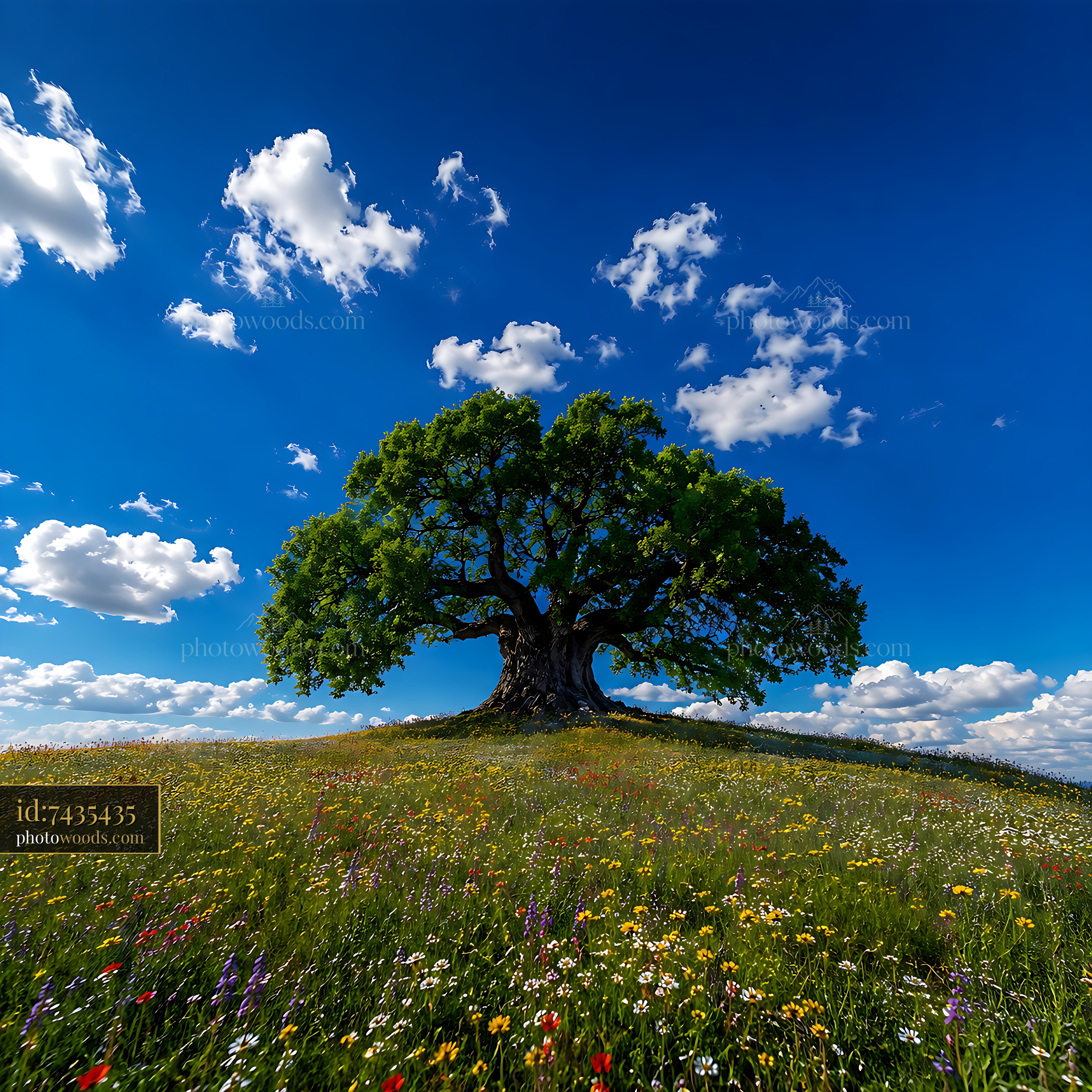 Tree Stands Tall on a Meadow Under Blue Sky With White Clouds