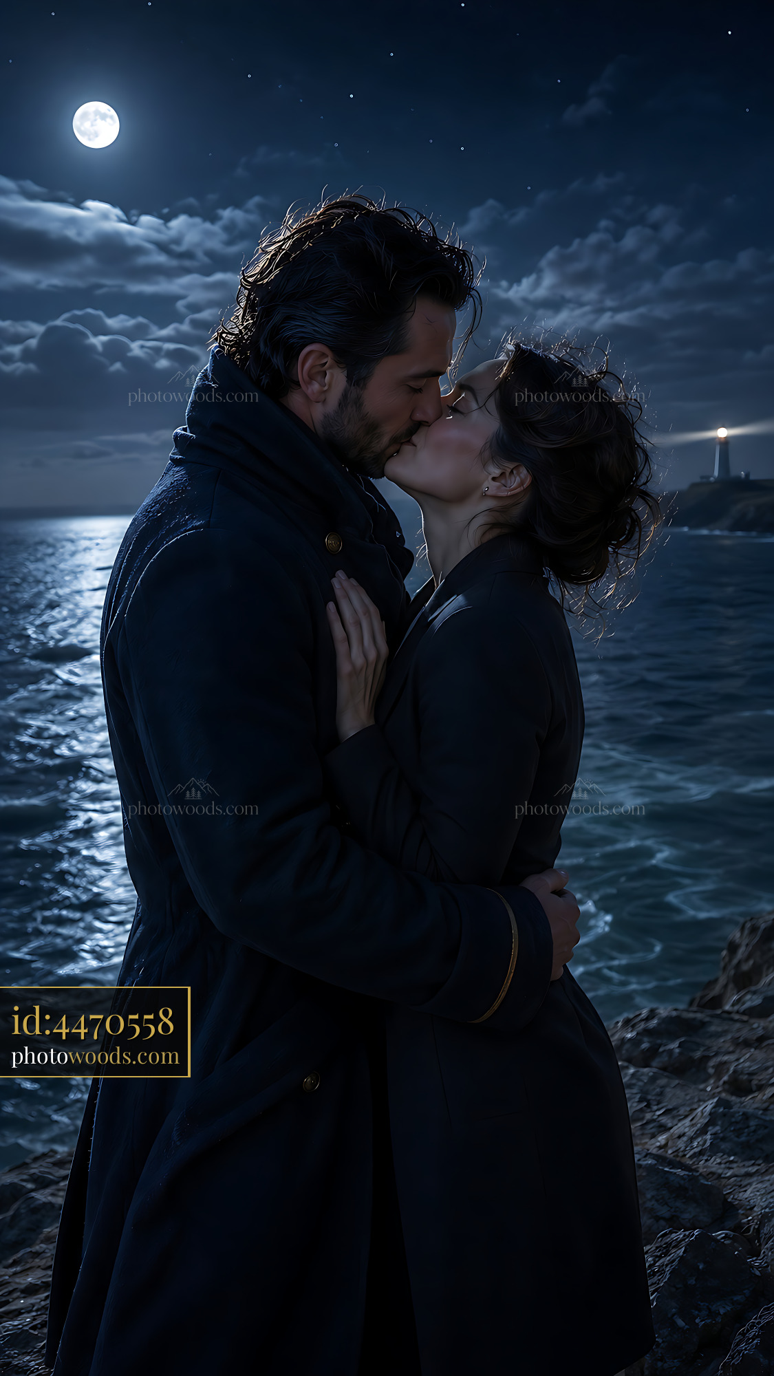 Couple Kisses by the Ocean Under Moonlight at Night