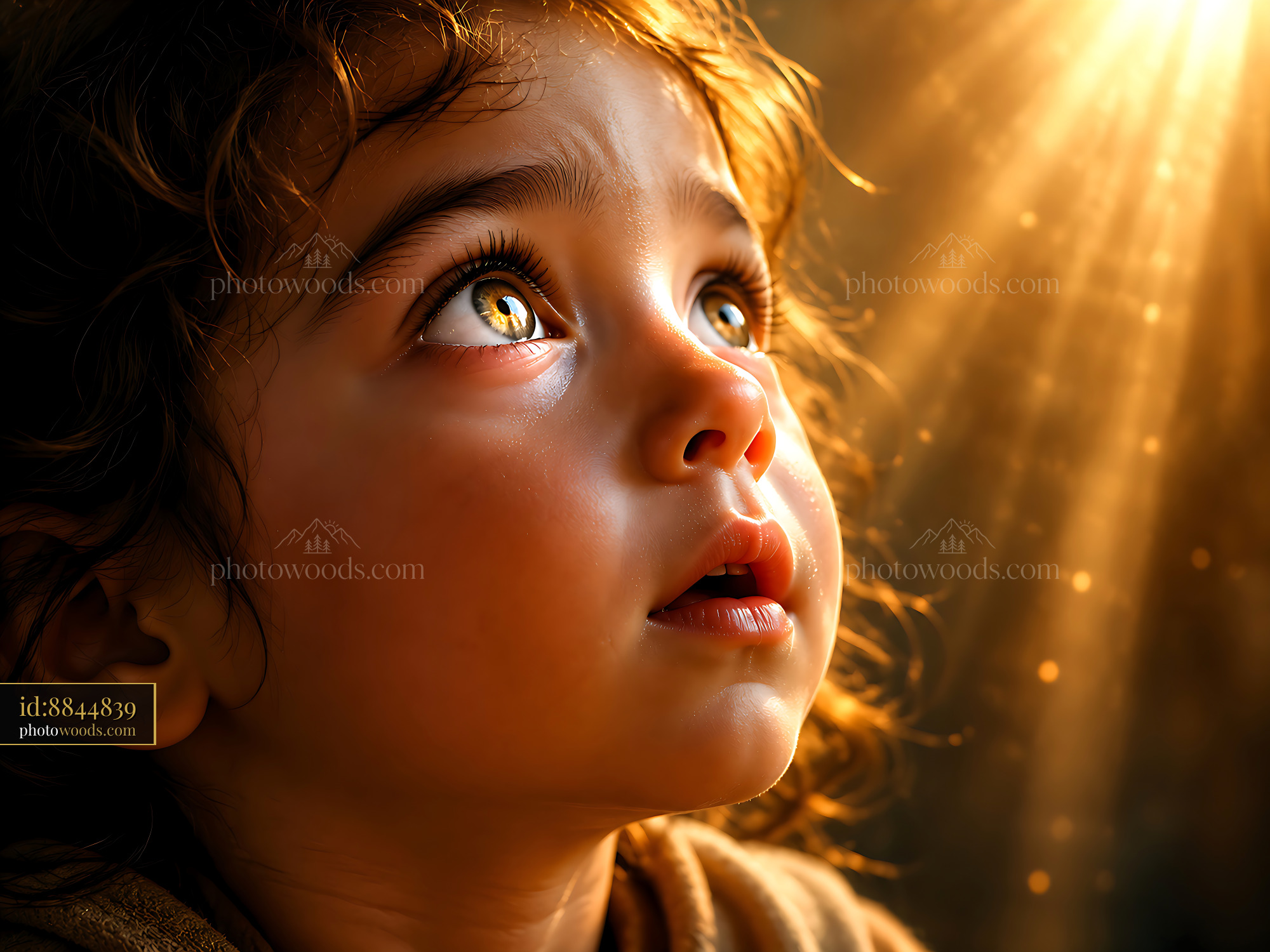 Child Looking up With Curious Expression and Warm Light