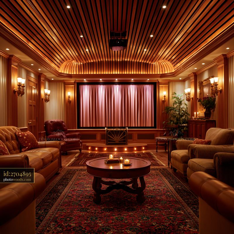 Classic Hollywood Style Basement Theater With Rich Wood Paneling