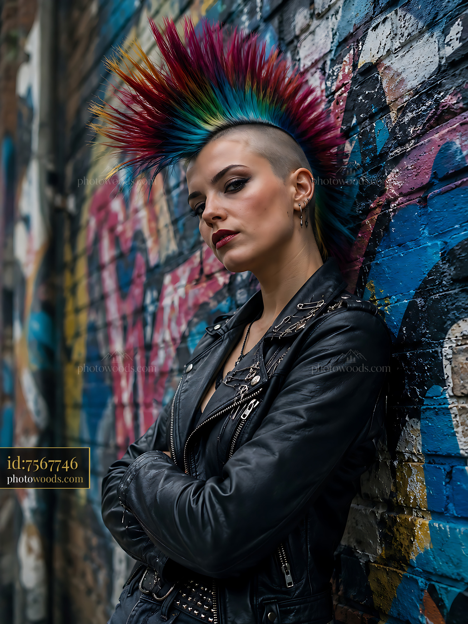 Woman With Colorful Mohawk Hairstyle Poses in Urban Alley