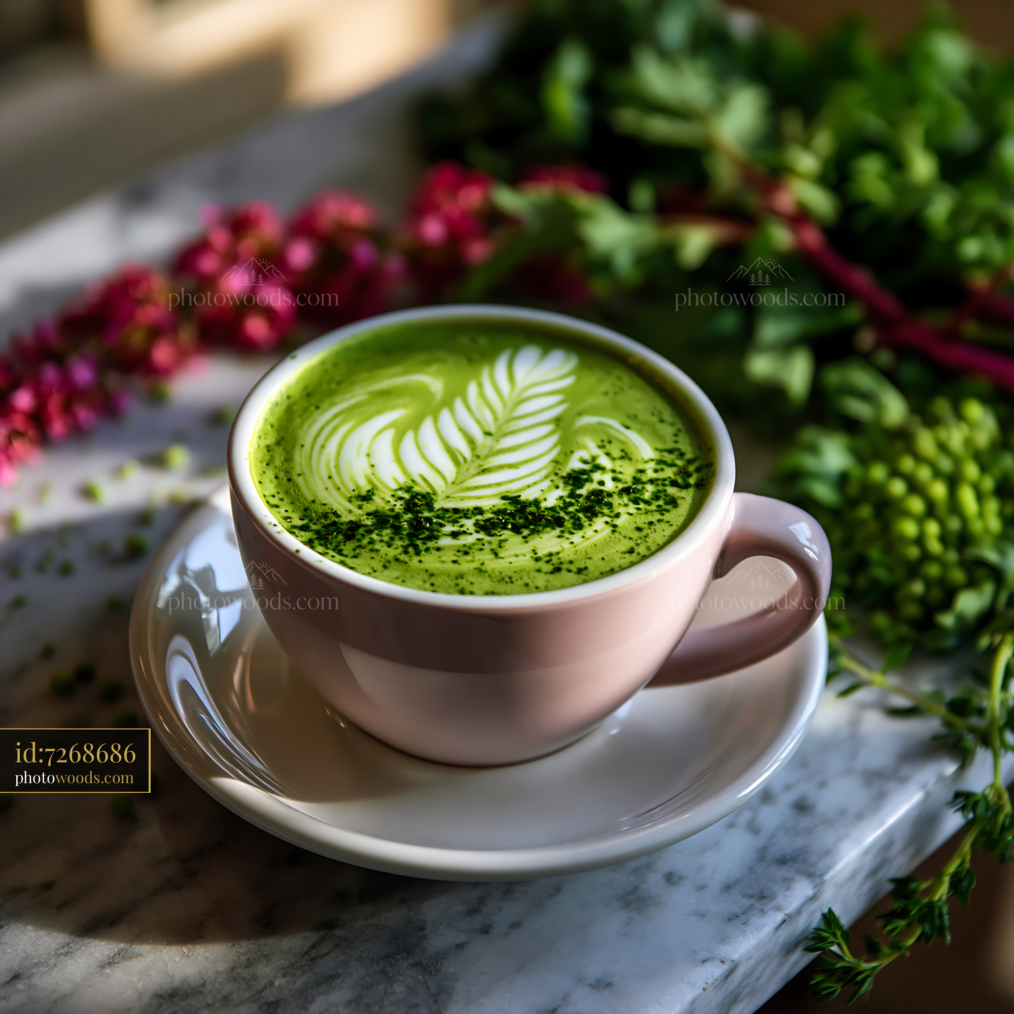 Matcha Latte With Latte Art on a Marble Table