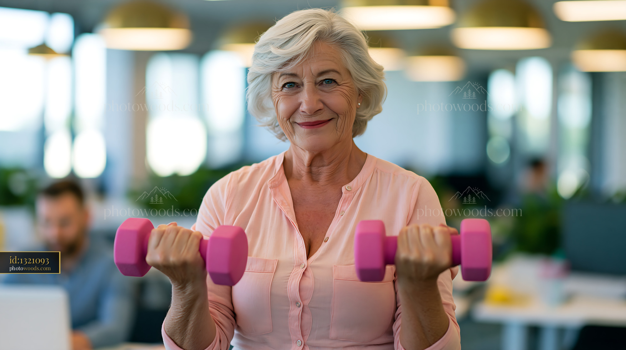 70 Year Old Woman Lifting Weights in Modern Office Setting