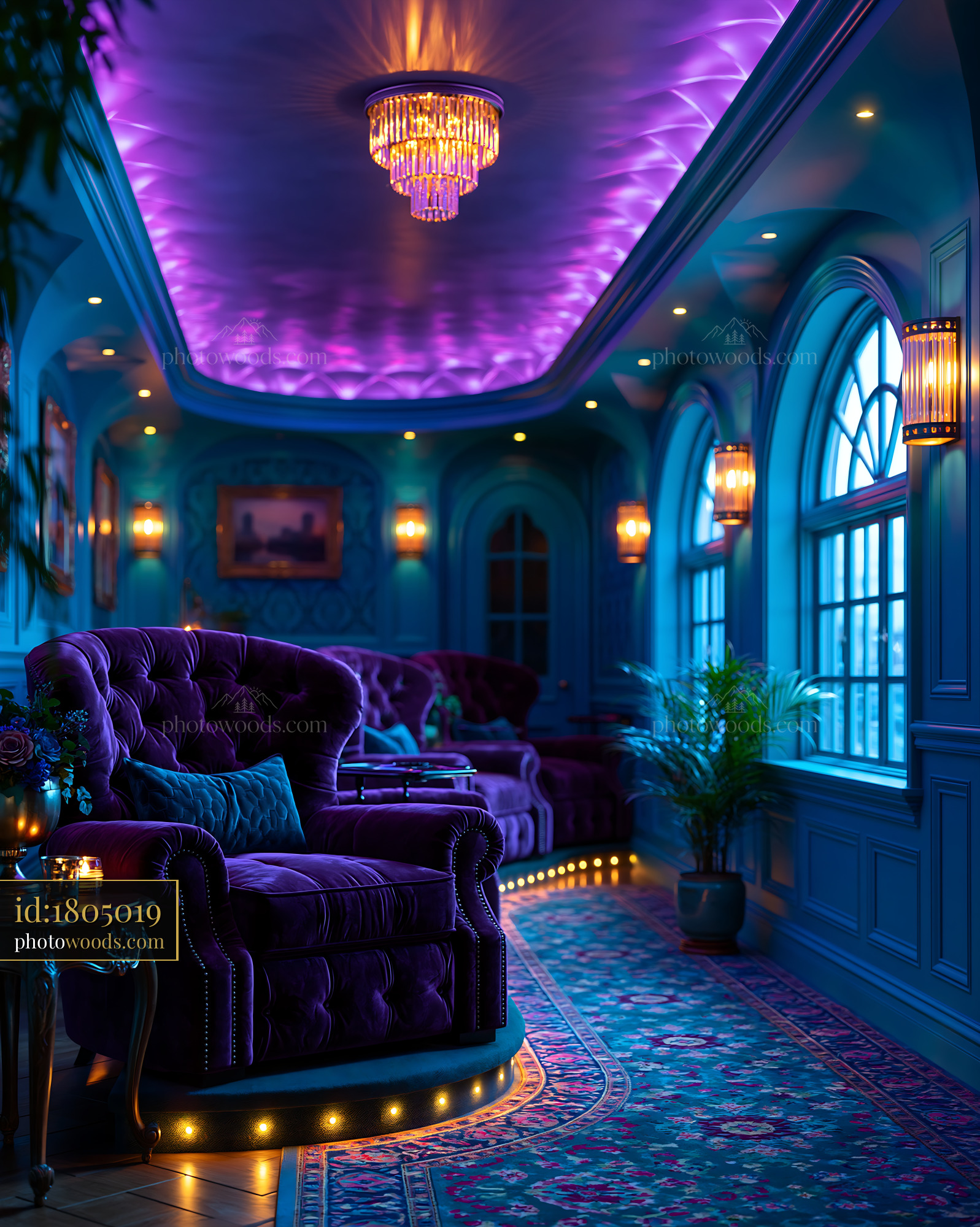 Home Cinema With Purple Lighting and Elegant Seating
