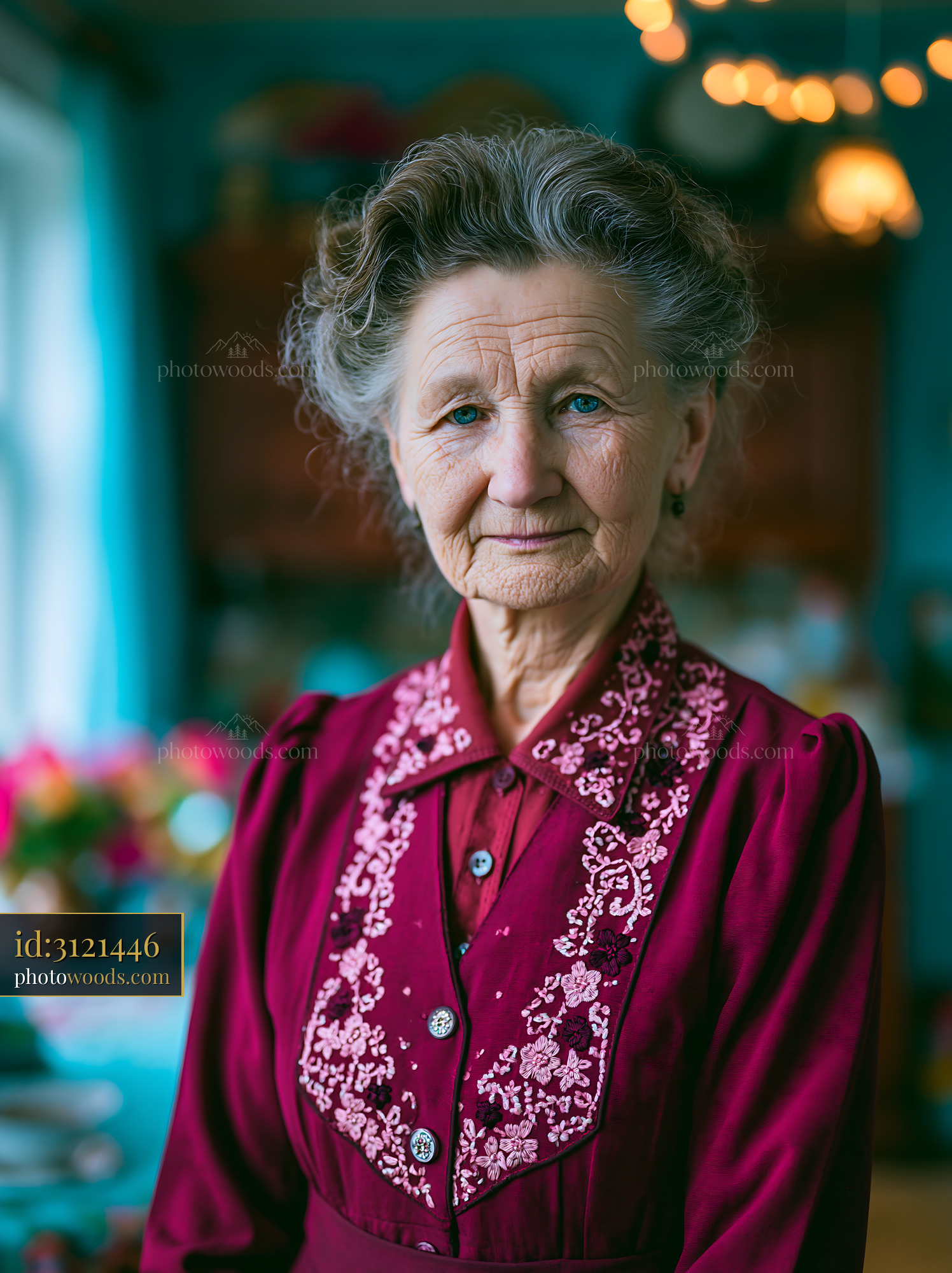 Elderly Woman Smiles and Poses for Portrait in Home Setting Indoors