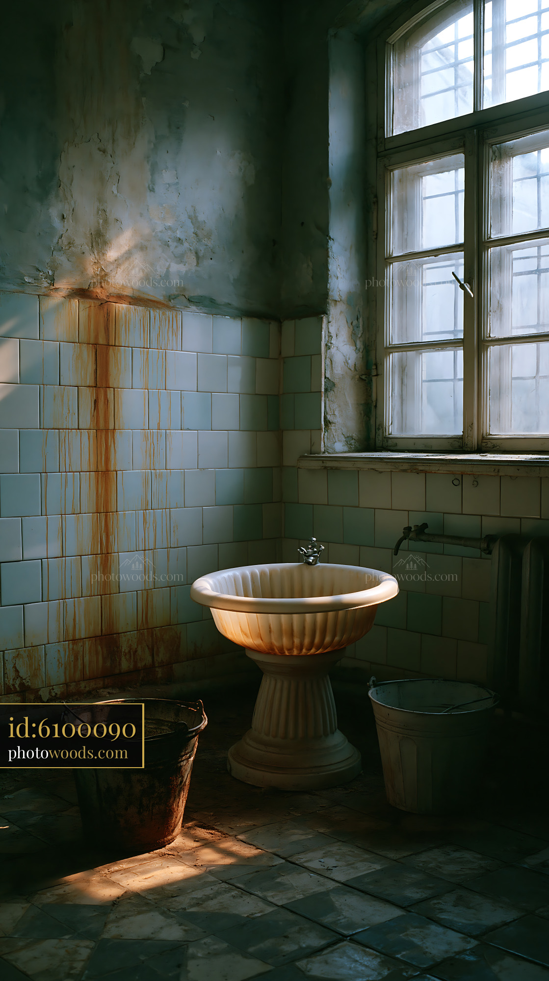 Shabby Bathroom With Plastic Basin and Buckets in Old Building