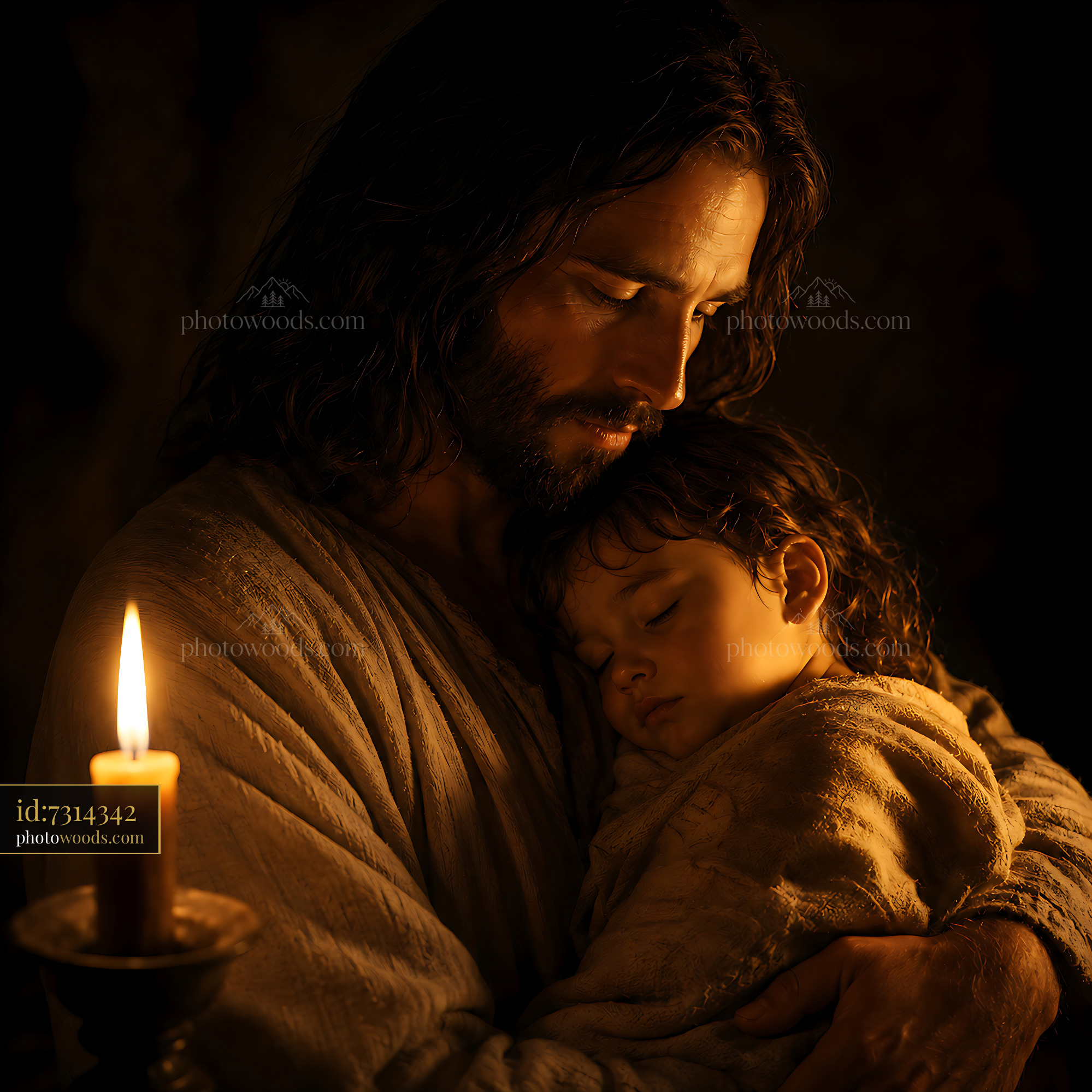 Man Holds Sleeping Child by Candlelight in Soft Glow