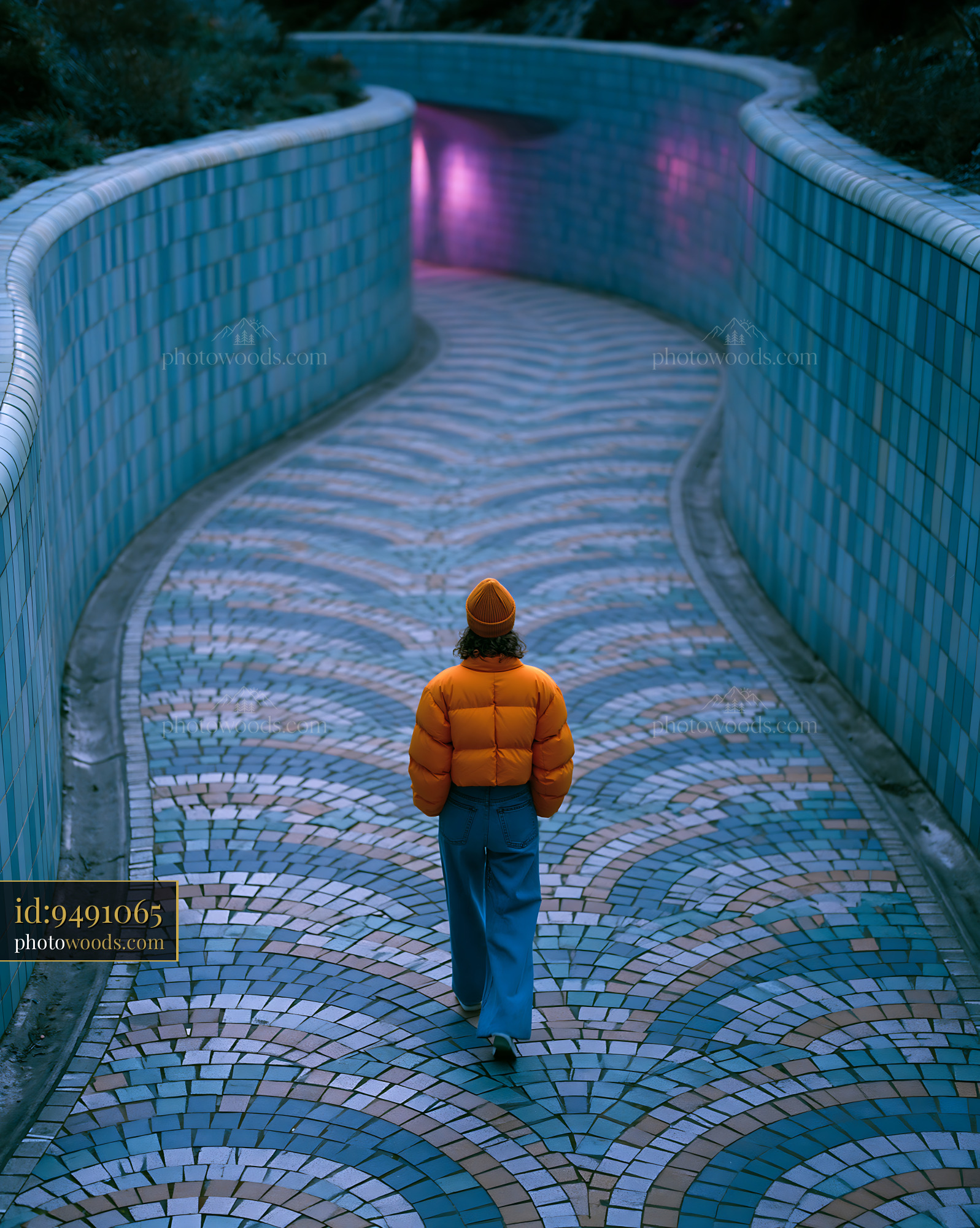 Striking Woman Walking in a Colorful Tile Path