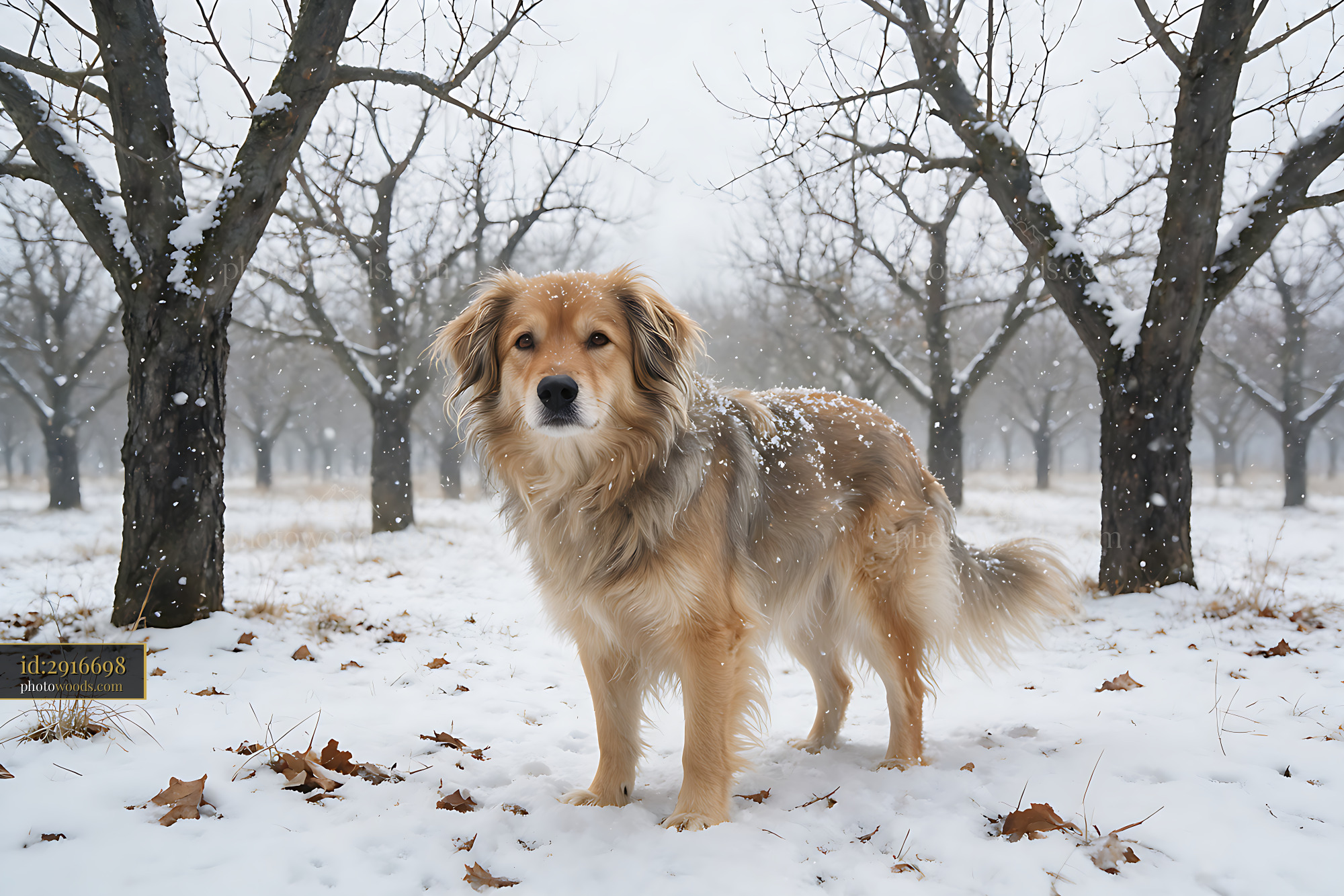 Long-haired dog standing in a snowy orchard