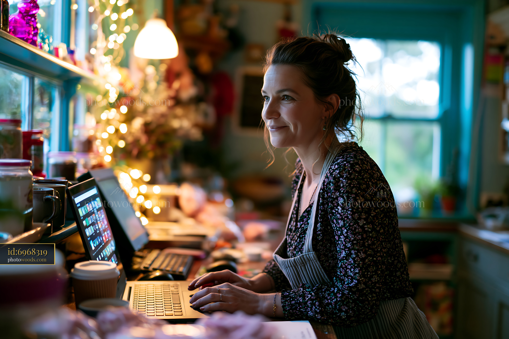 Small Business Owner Smiling at Her Shop Counter in Soft Light