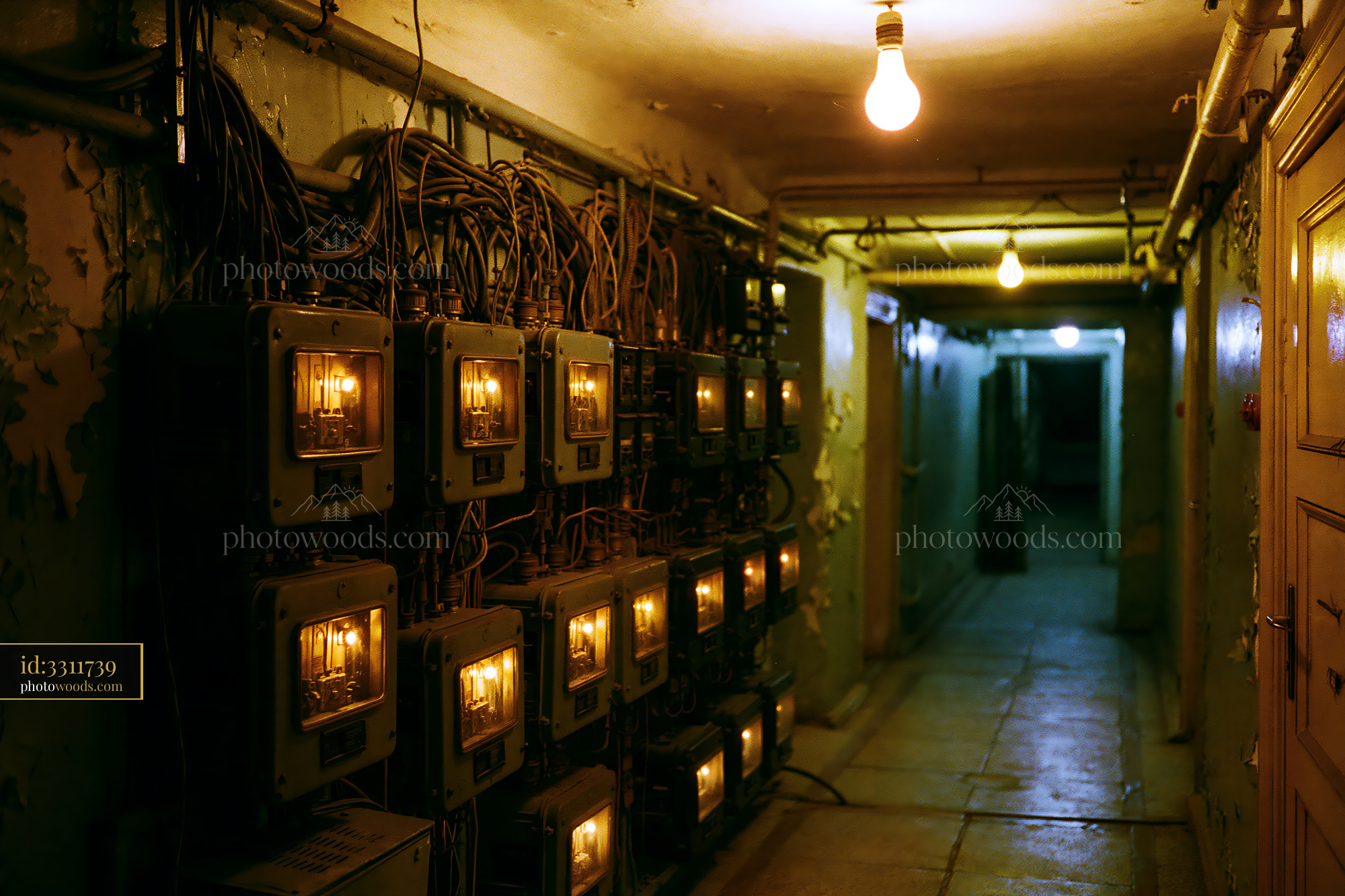 Dark Hallway With Tangled Electrical Meters and Warm Lighting