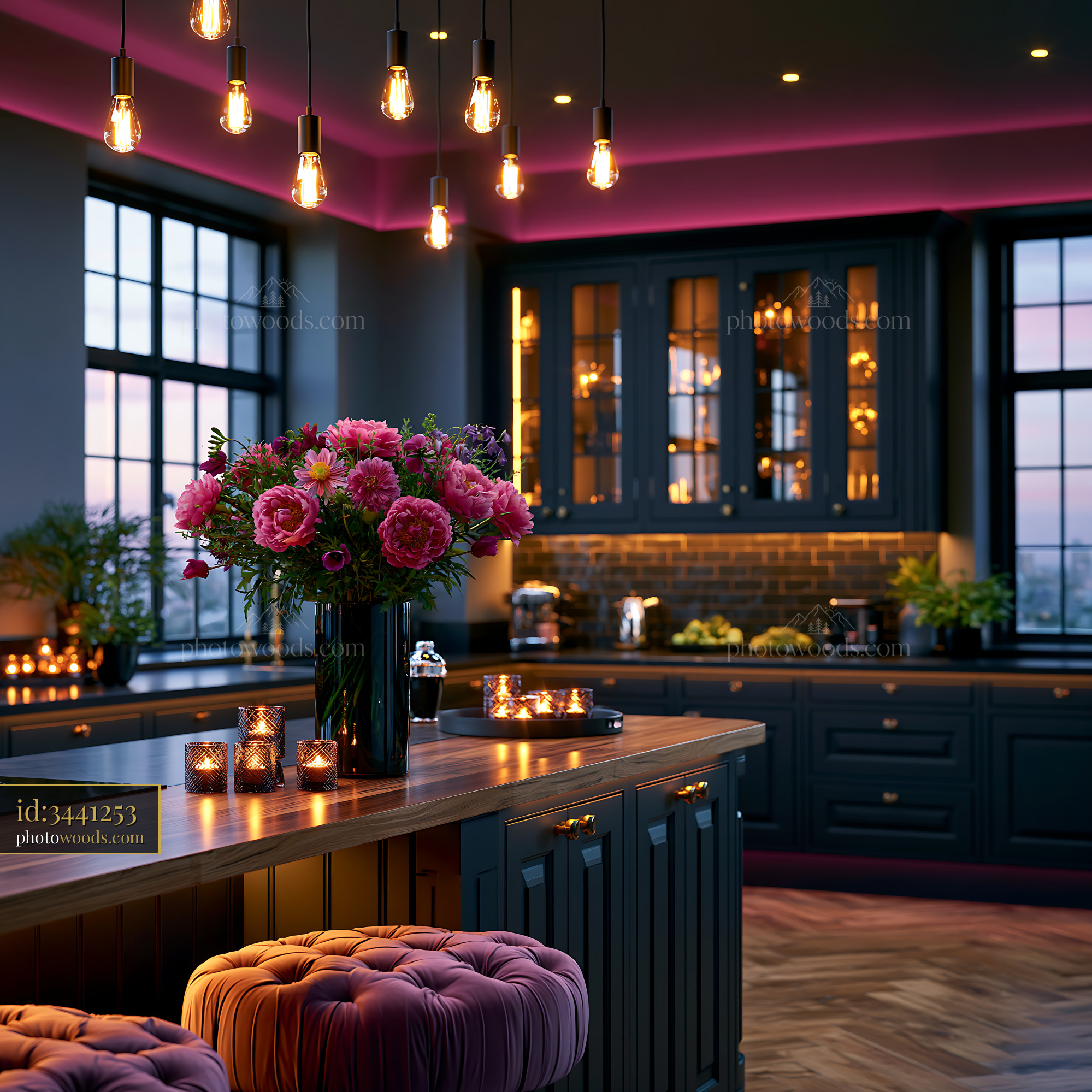 Black Luxury Kitchen With Flowers and Warm Lighting