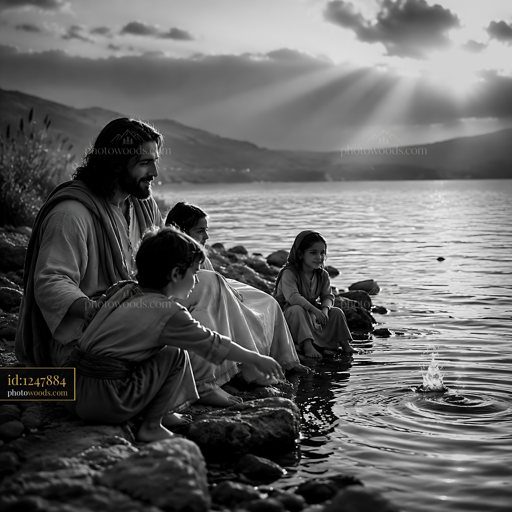 Man Sits With Children by Water at Sunset