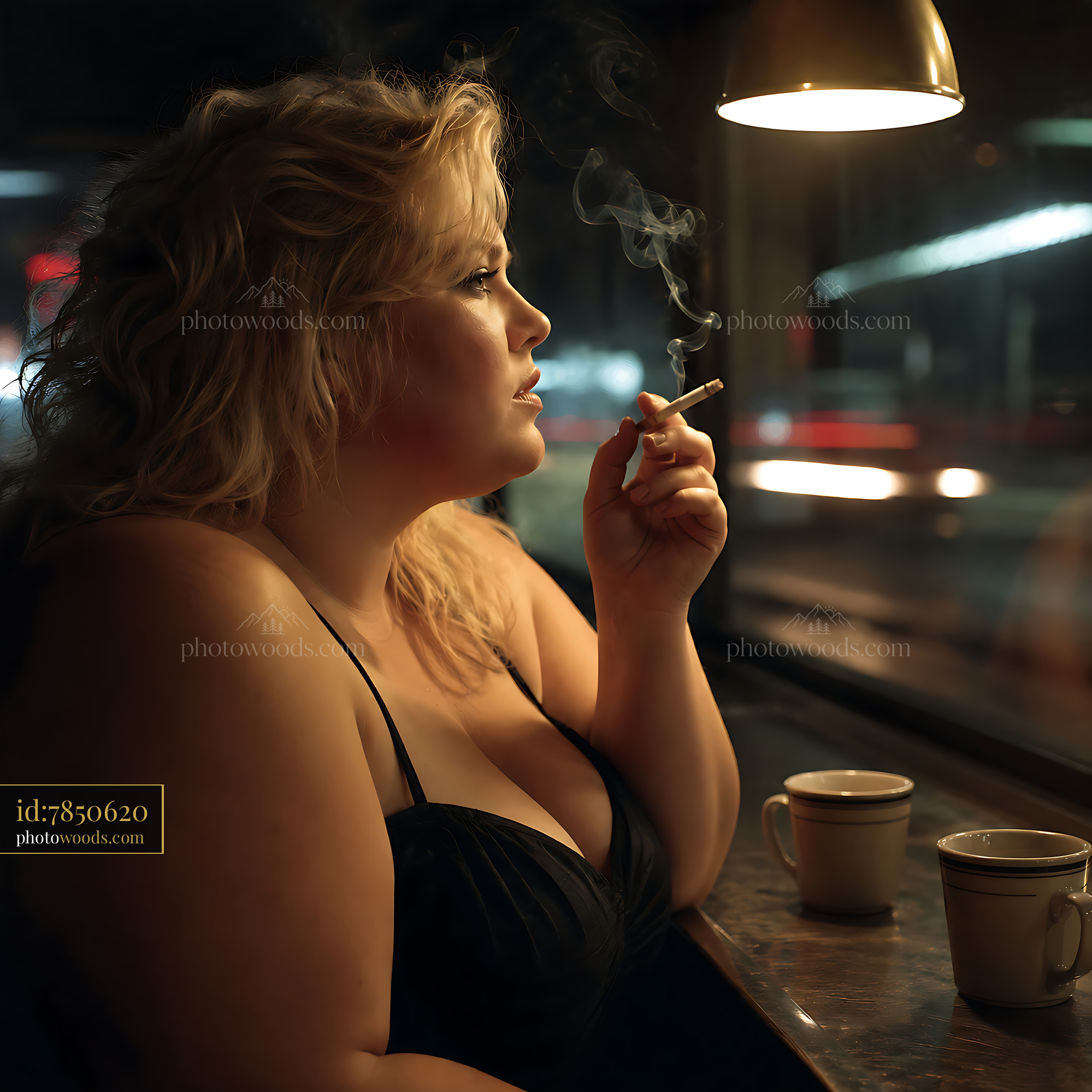 Woman Sitting by Window Smoking With Cups on the Table