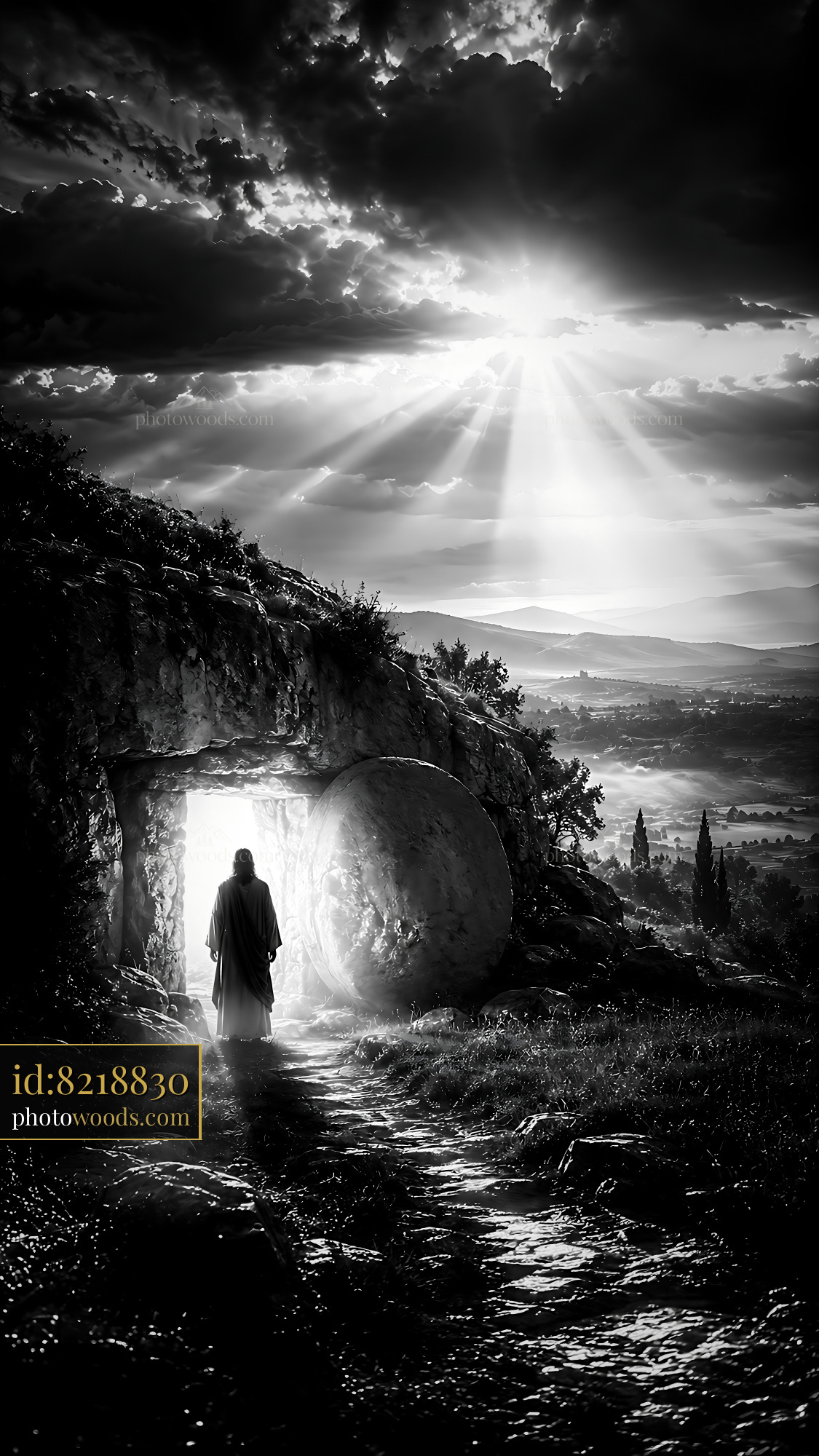 Person Walking out of Cave Into Bright Light Near Mountains