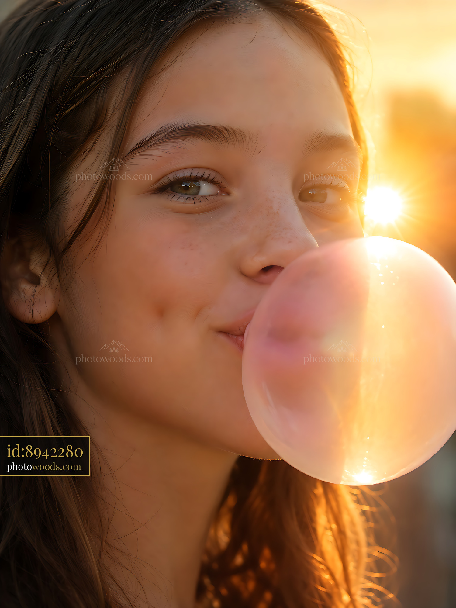 Girl Blowing Bubble Gum During Sunset With Warm Light