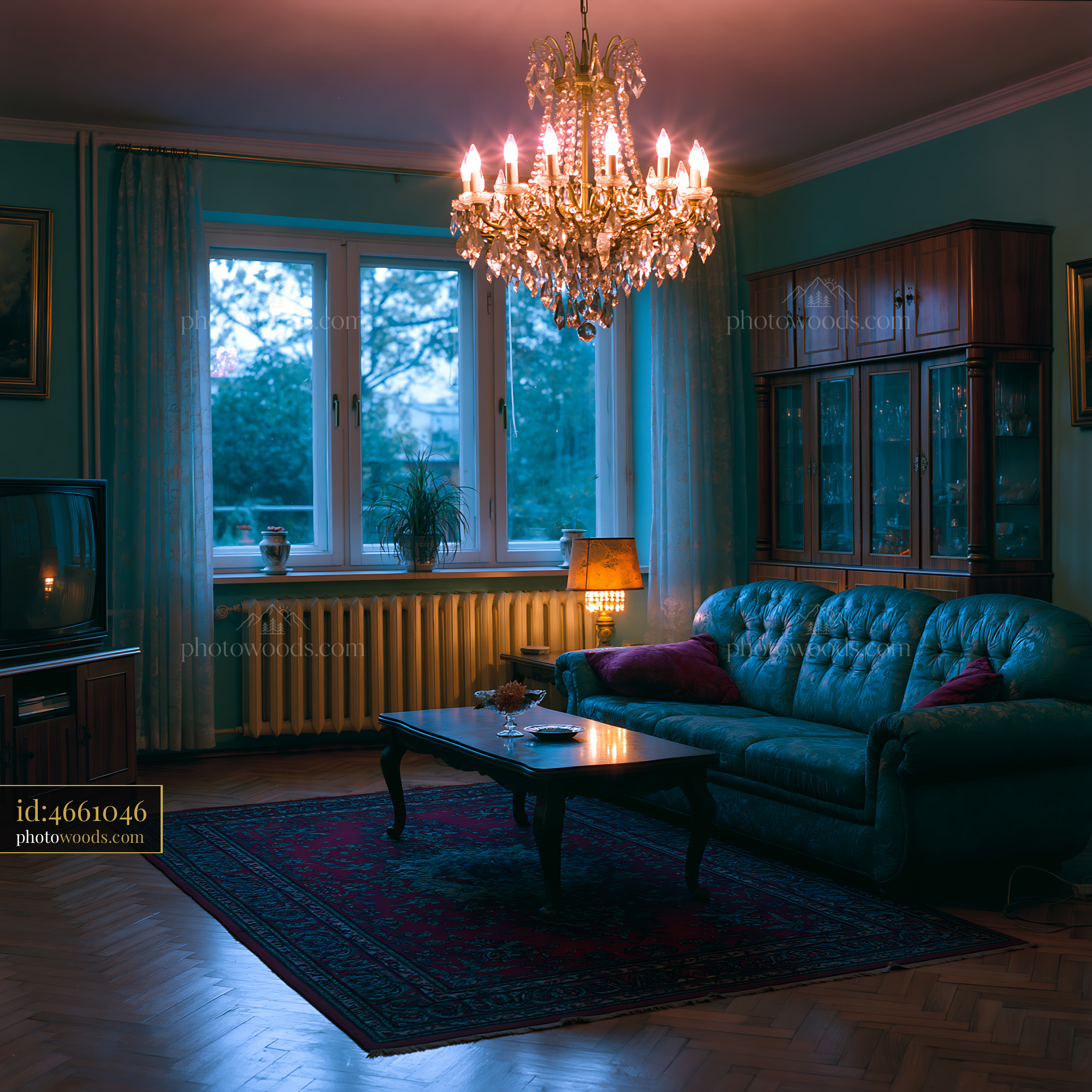 1980s Eastern Bloc Living Room With Chandelier and Soft Light